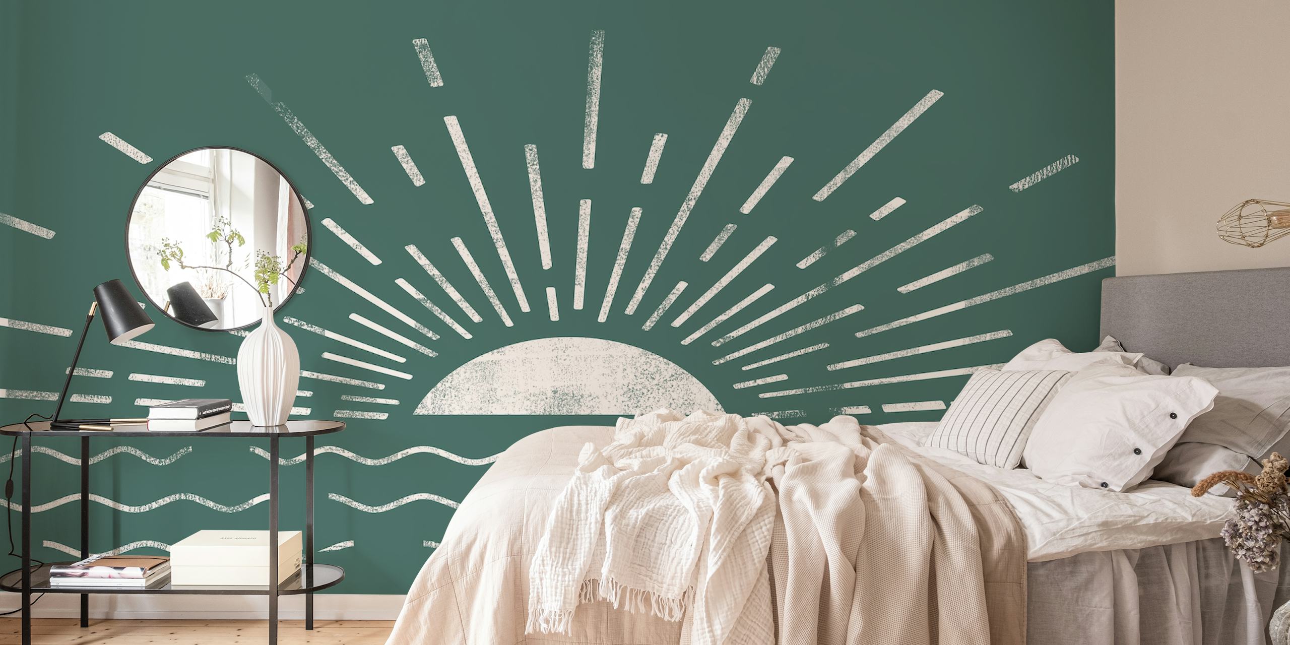 Sunburst design with waves in green and white vintage wallpaper