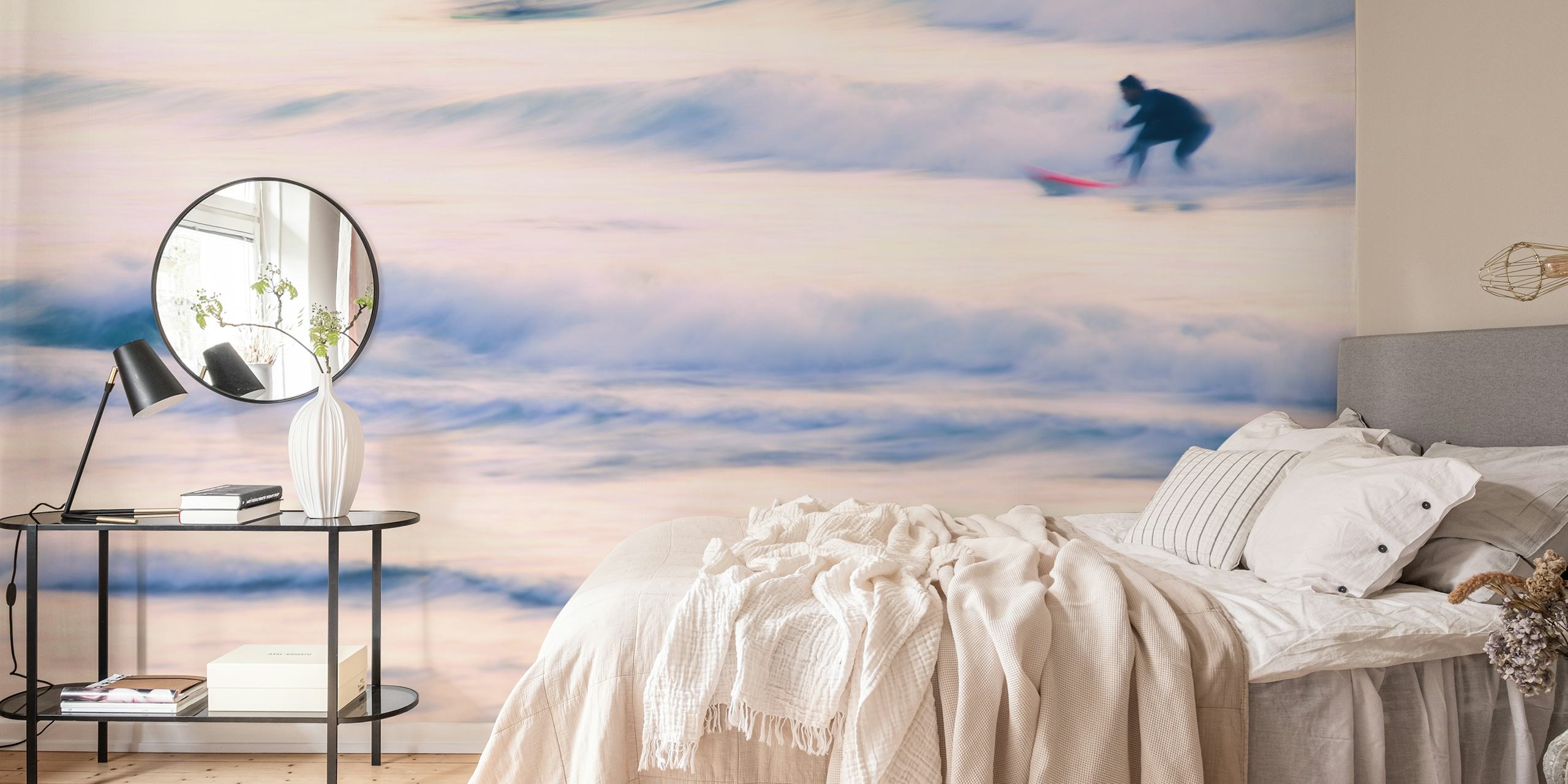 Abstract surfing wall mural with a surfer riding a wave in a motion blur