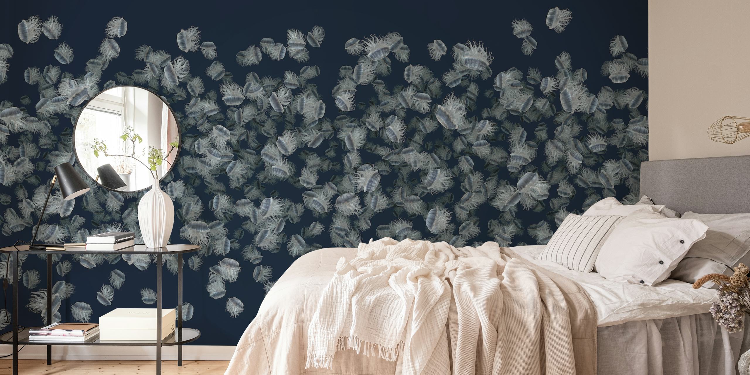 Dancing jellyfish wallpaper in a modern room