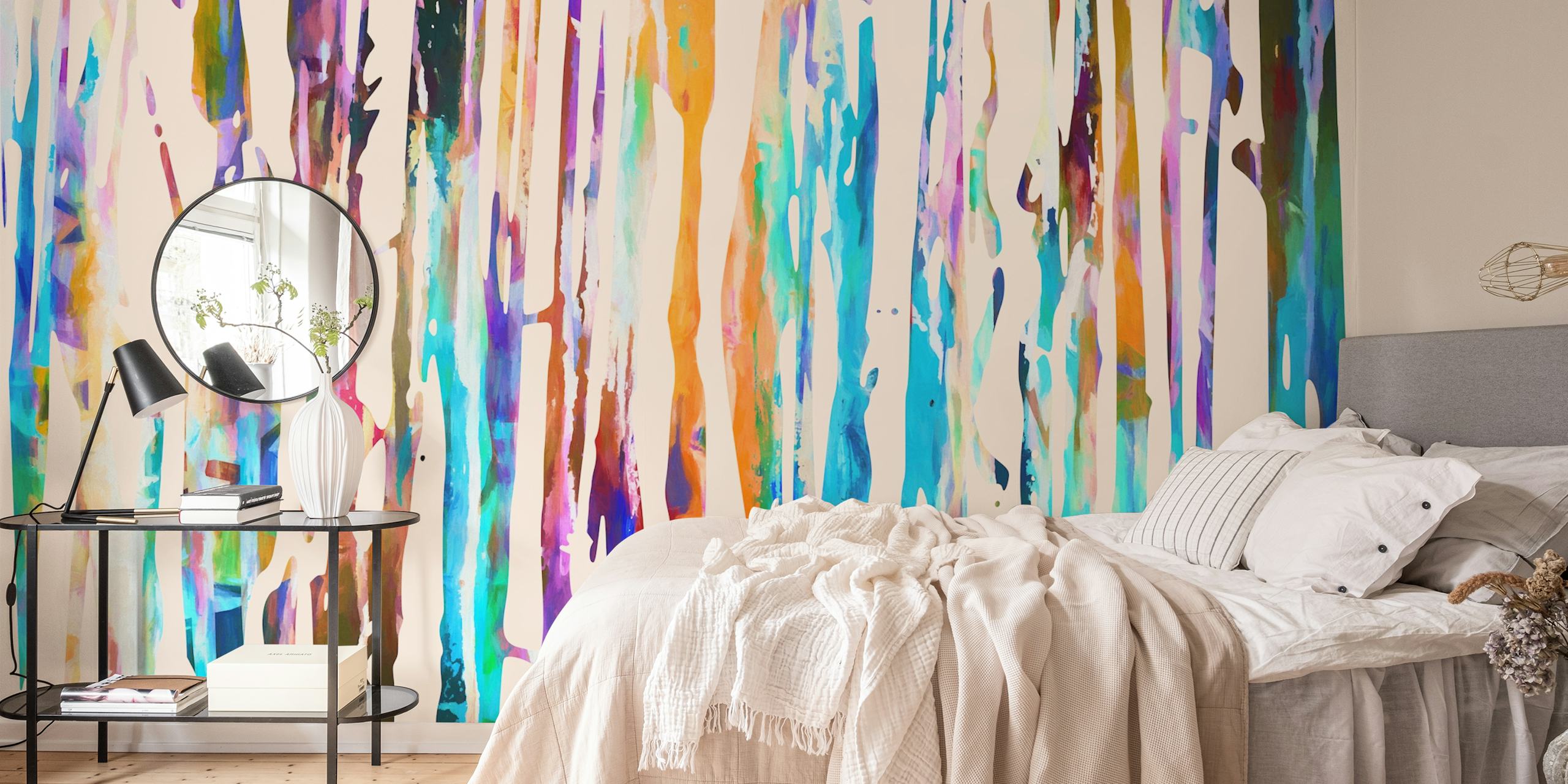 Colorful abstract striped wallpaper, featuring bright blue, orange, and pink colors.