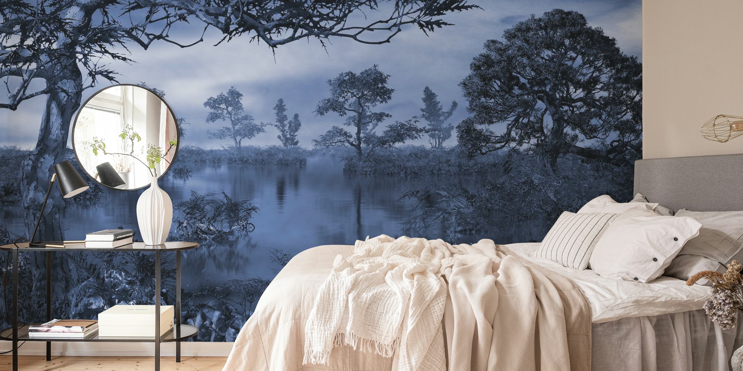 Fotomural bosque otoñal azul monocromo con atmósfera brumosa