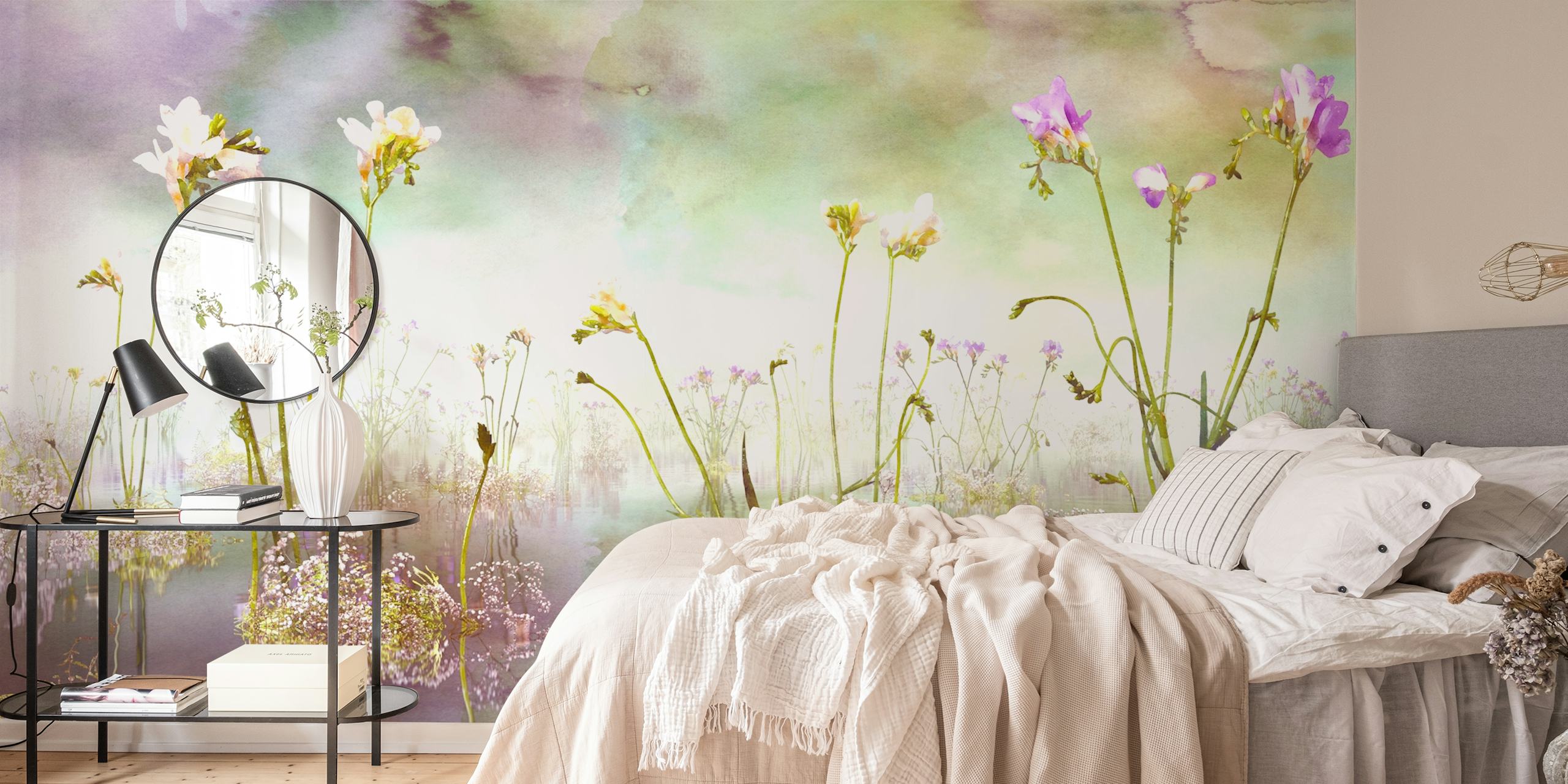Ethereal purple and green floral wall mural featuring freesia flowers