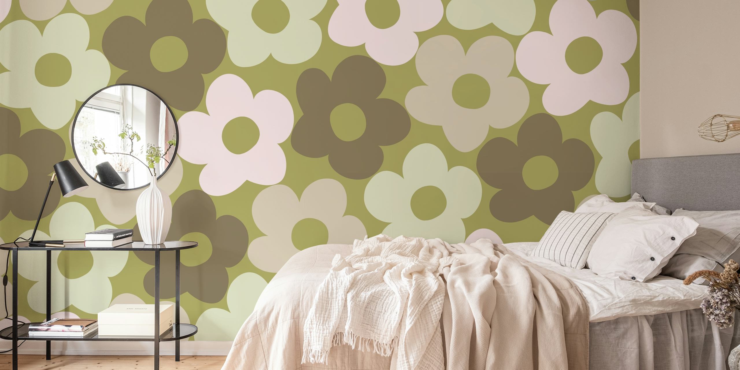 Carta da parati retrò Fall Daisies con fiori verde terra e crema