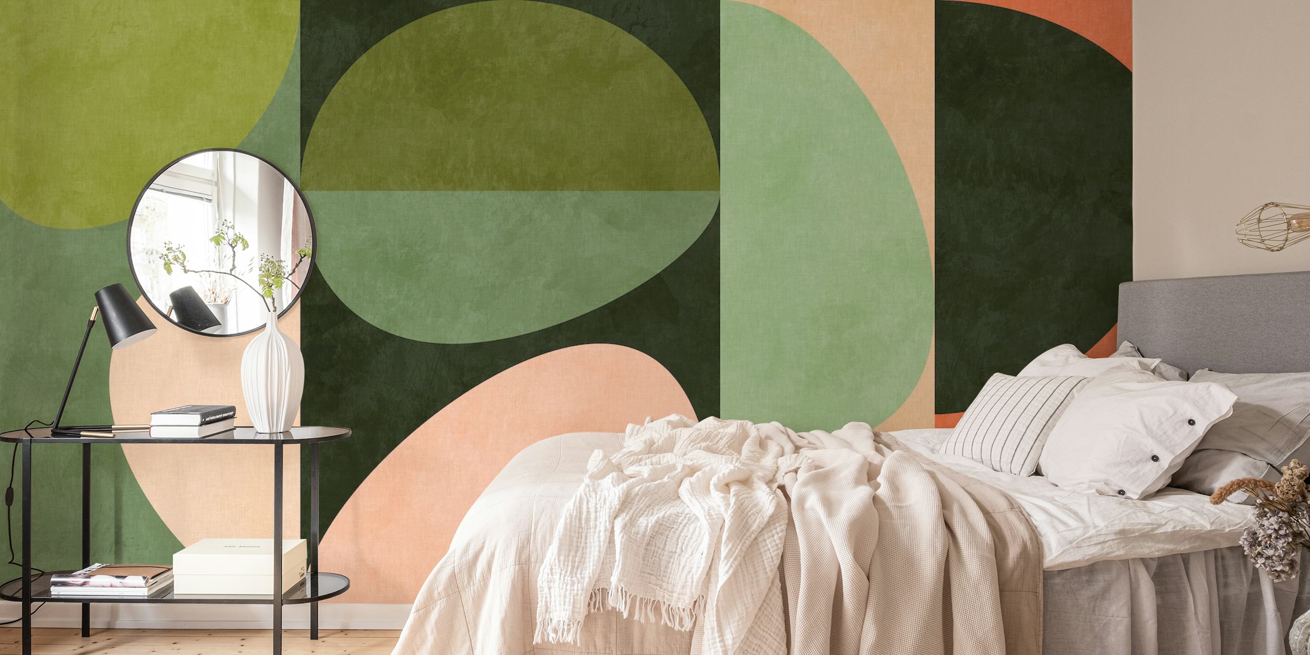 Sage green geometric abstract wallpaper in a room