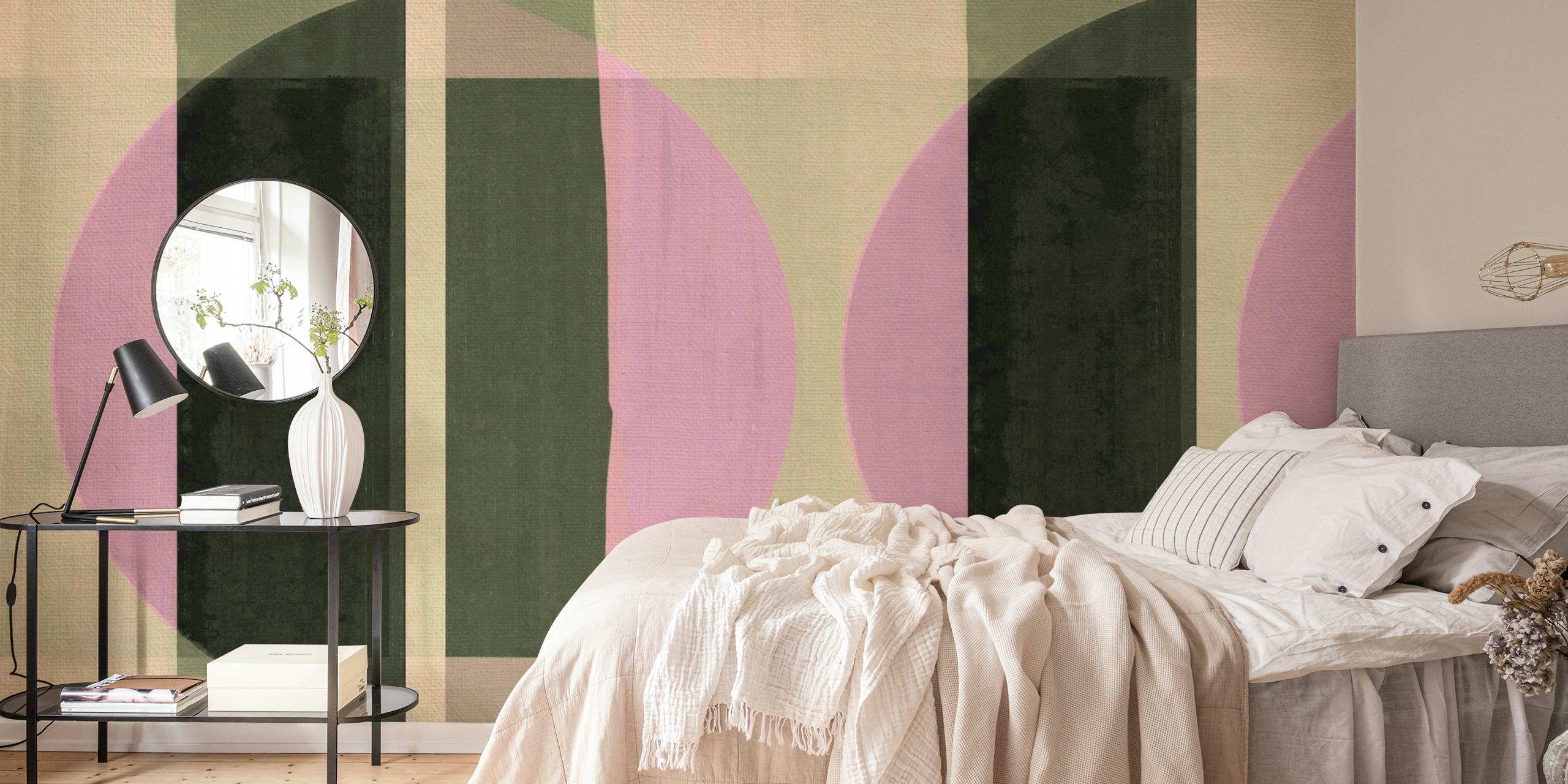 Bauhaus-inspirert veggmaleri med geometriske sirkler og jordfarger
