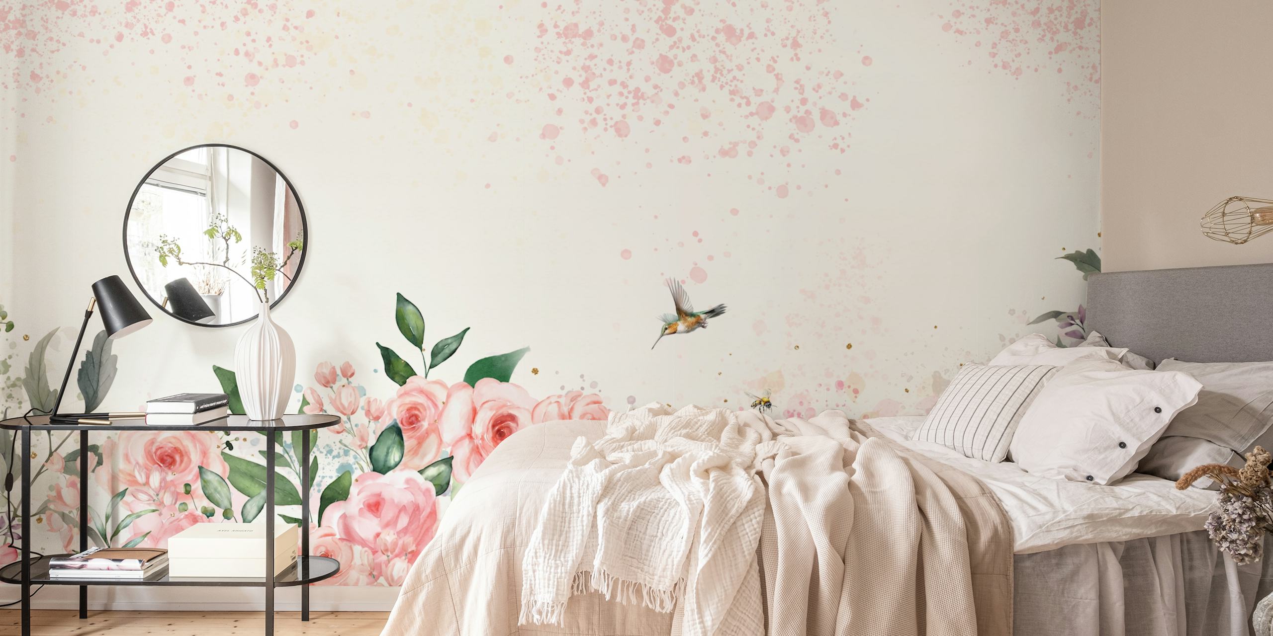 Pink roses wallpaper in a room setting