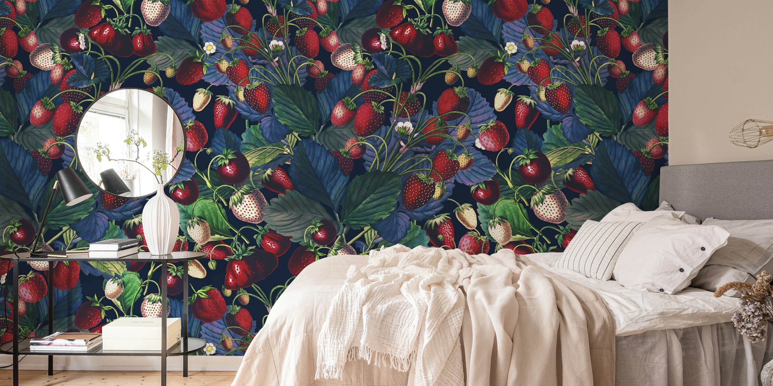 Strawberry and green leaf pattern wallpaper on dark background