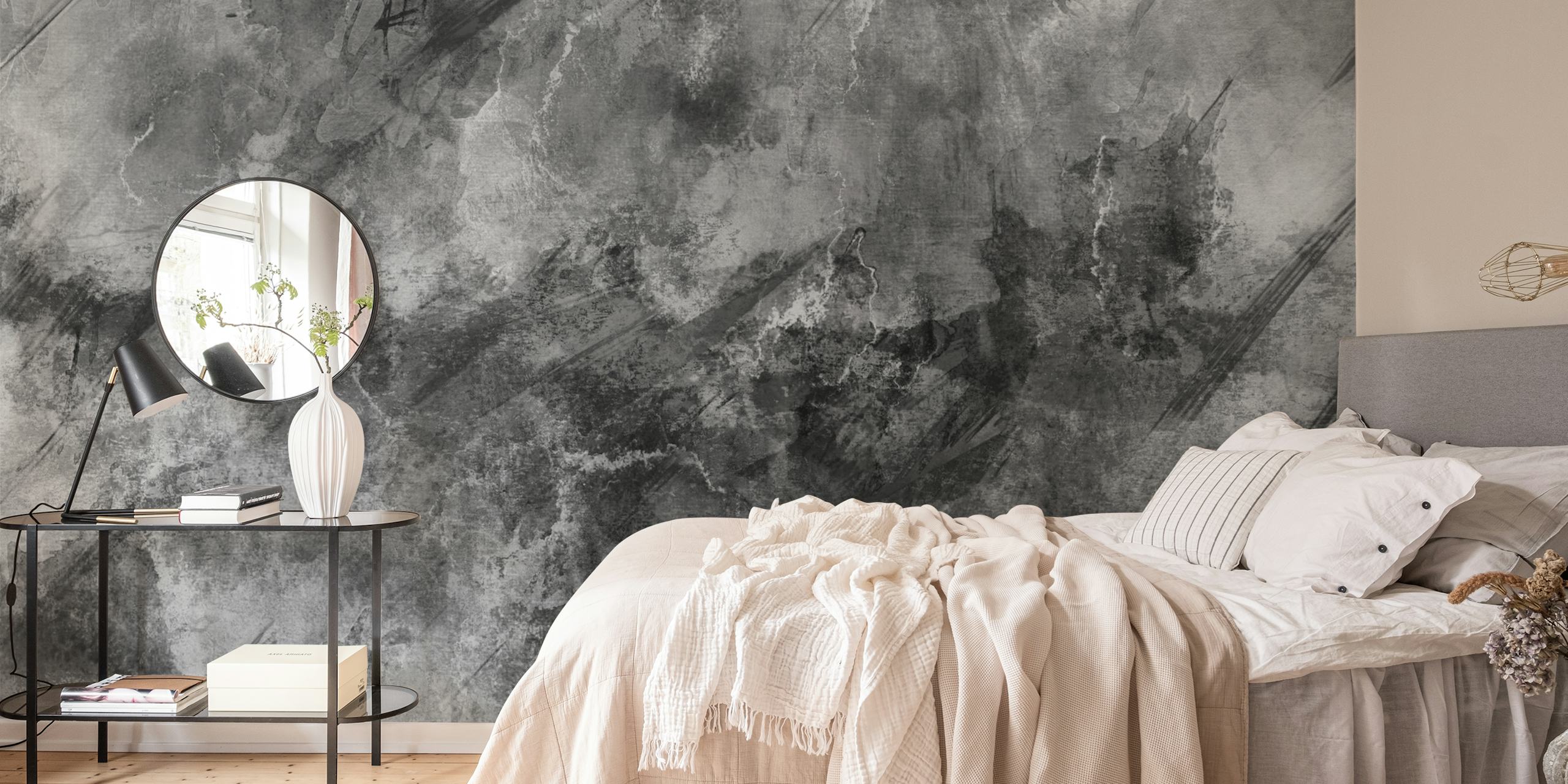 Ταπετσαρία Moody Grey Stone που παρουσιάζεται σε ένα δωμάτιο