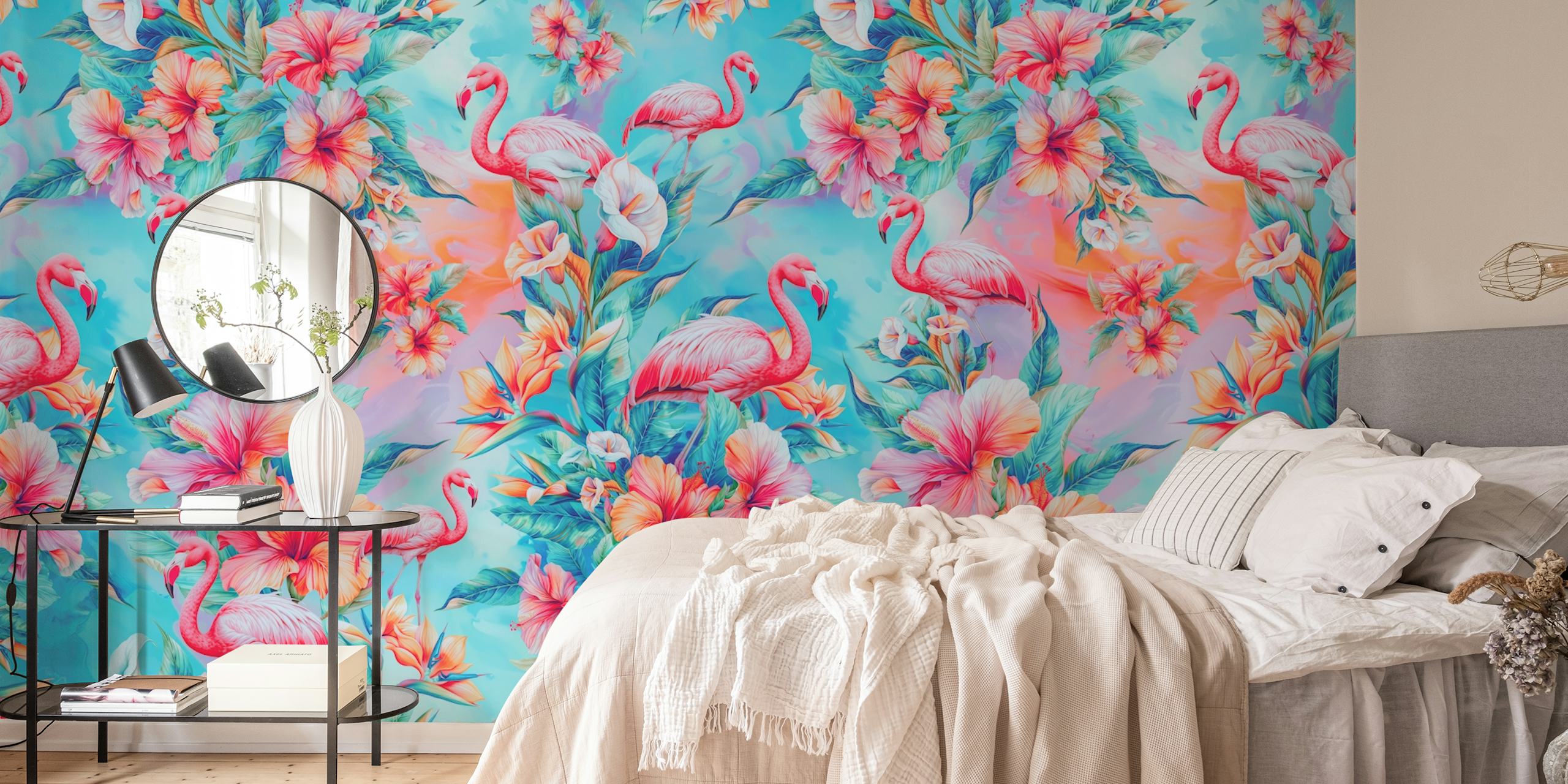 Floral Flamingo Haven tapetti huoneessa