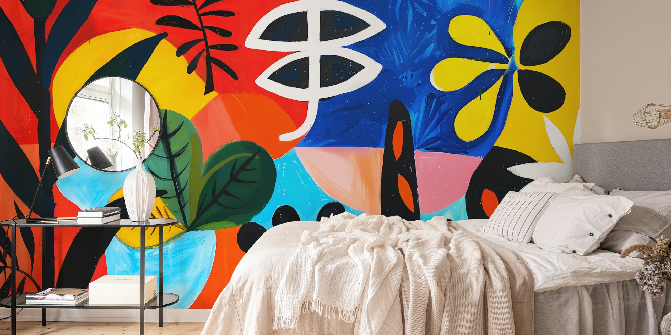 Colorful tropical floral motif wallpaper with vibrant colors and shapes