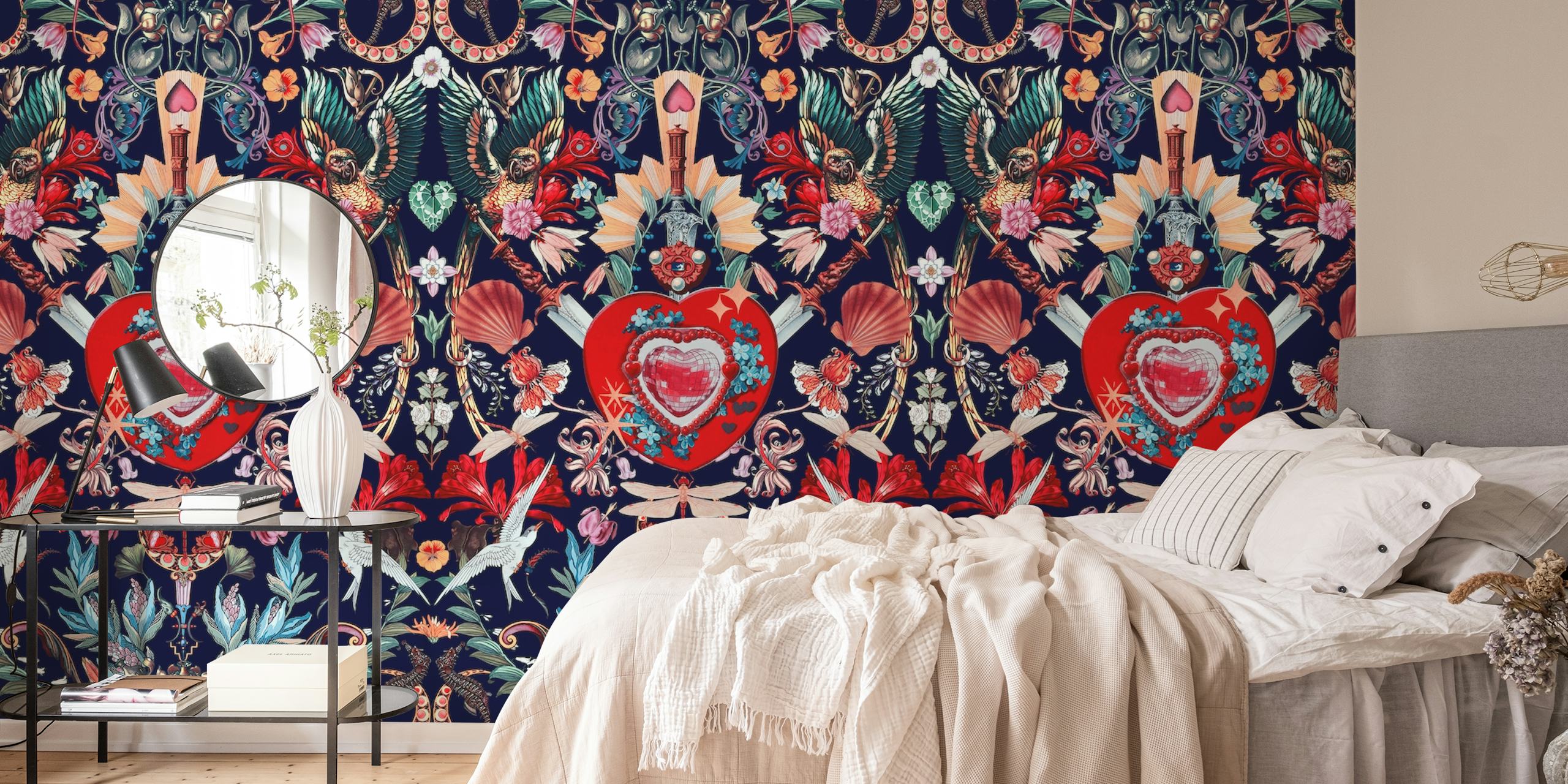 Floral heart pattern in vibrant colors on navy background wallpaper