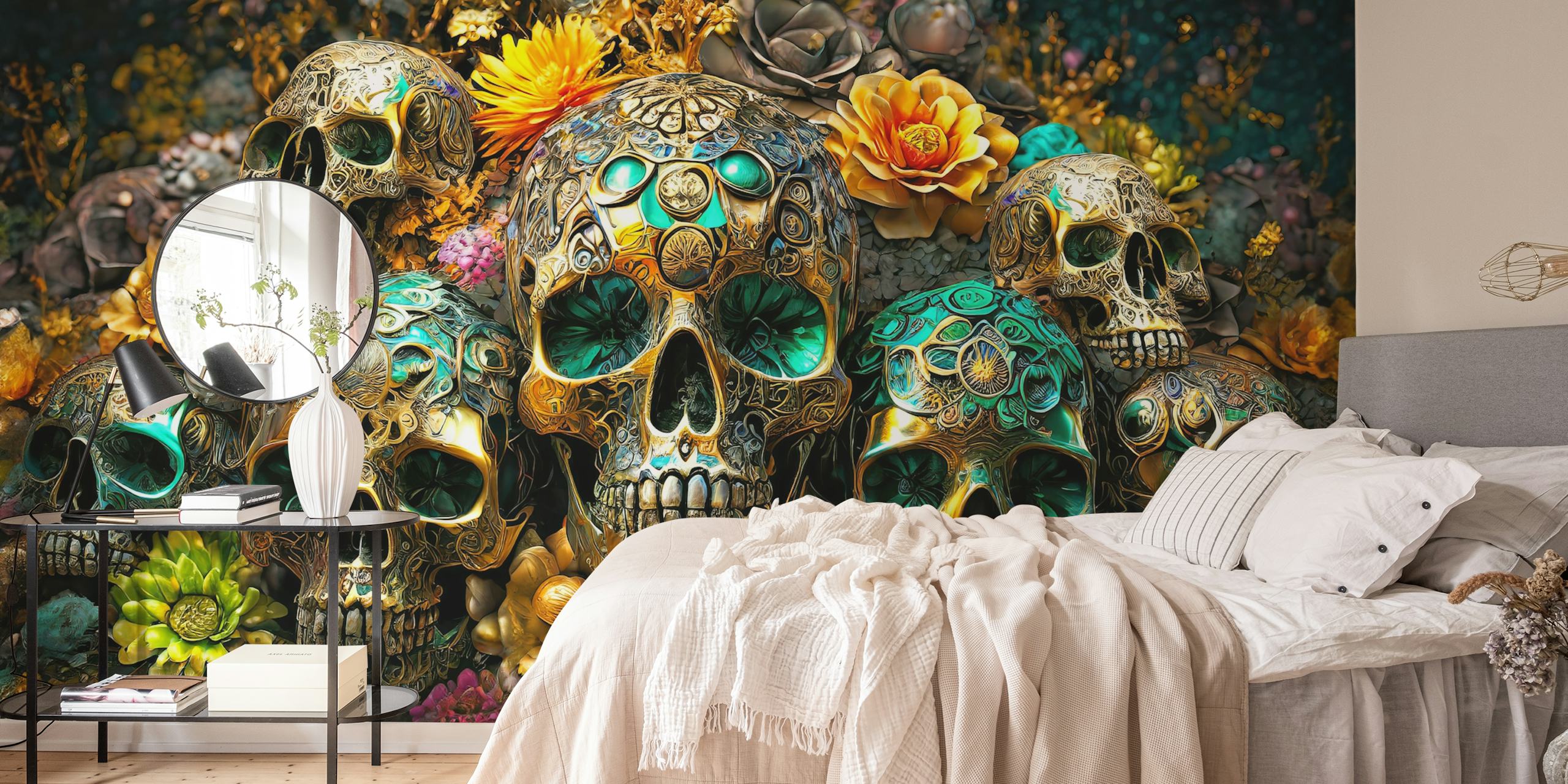 Día de Muertos wall mural featuring decorated skulls and marigolds