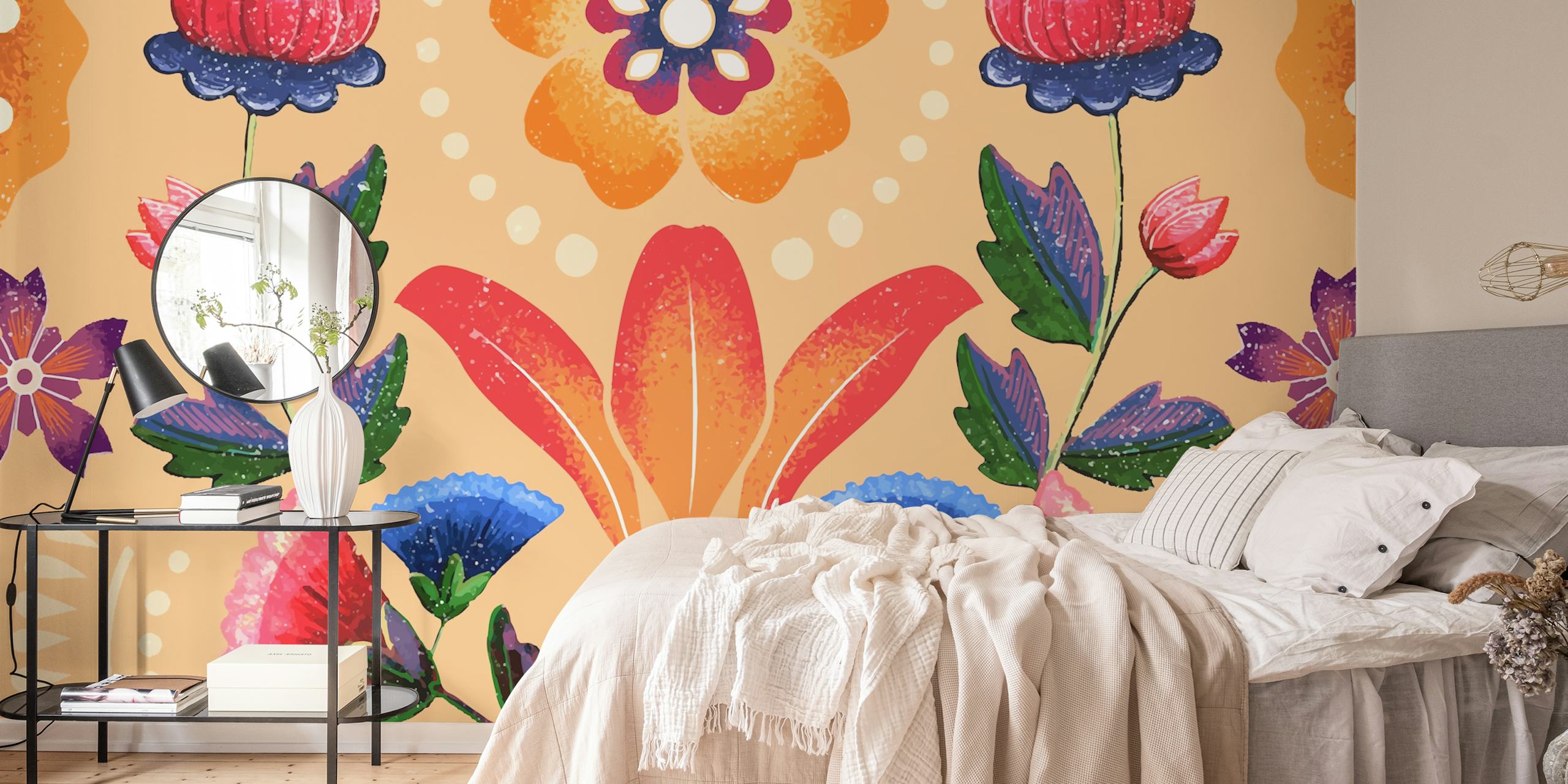 Colorful floral patterns with pink, blue, and orange hues wallpaper