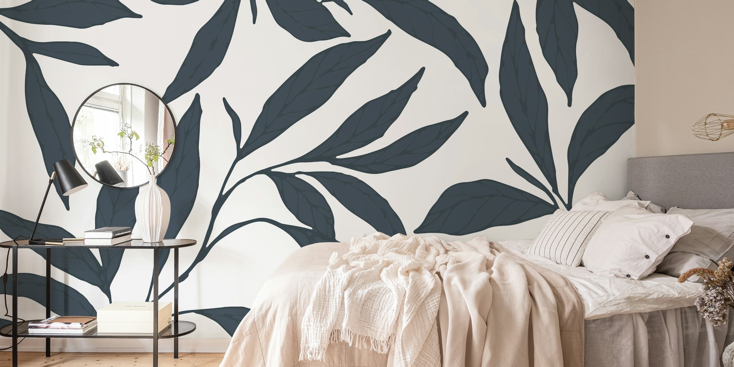 Dark blue foliage leaves pattern wallpaper