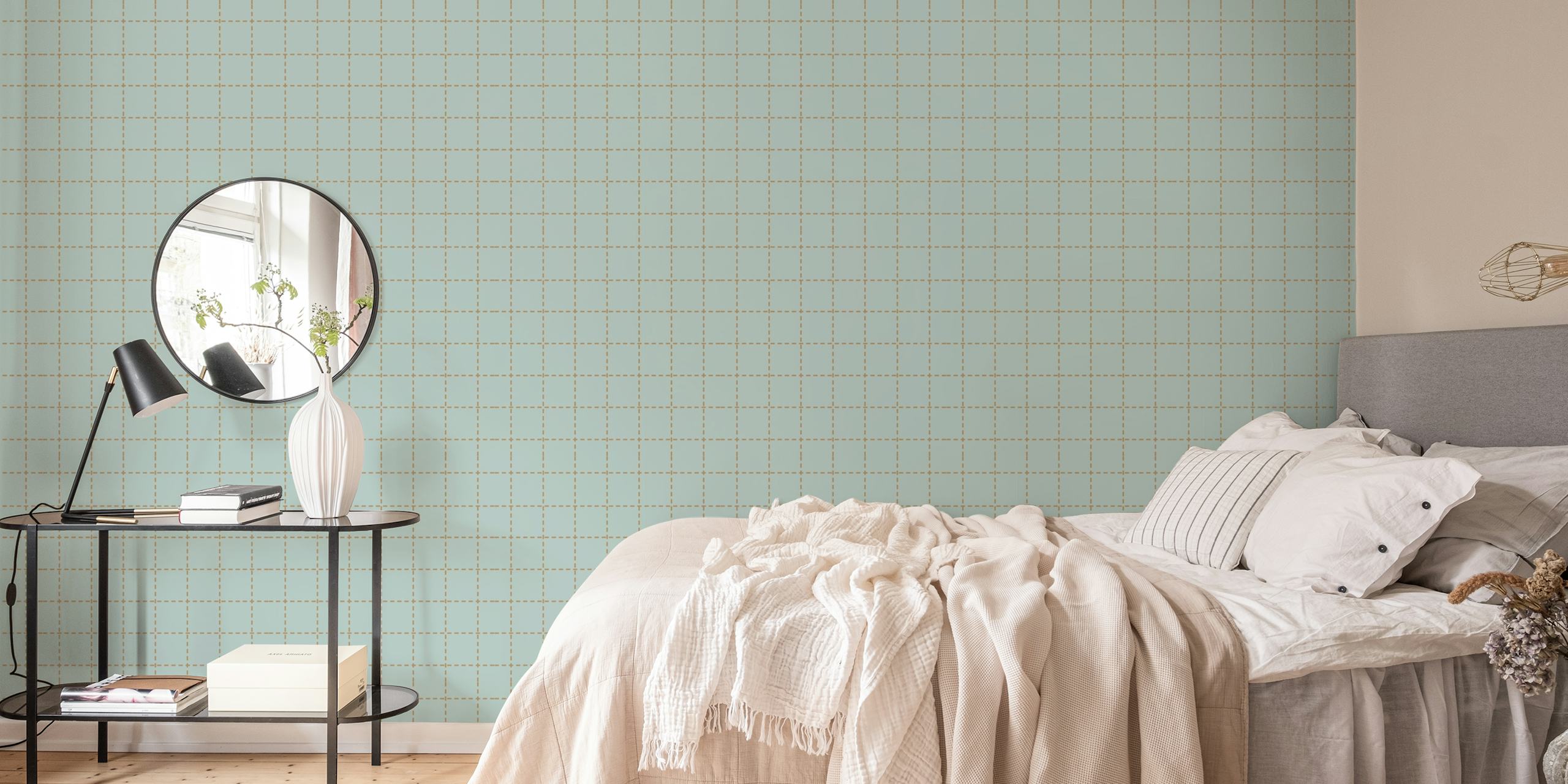 Mural de parede em grade verde e dourado com elegante padrão de grade e detalhes dourados brilhantes