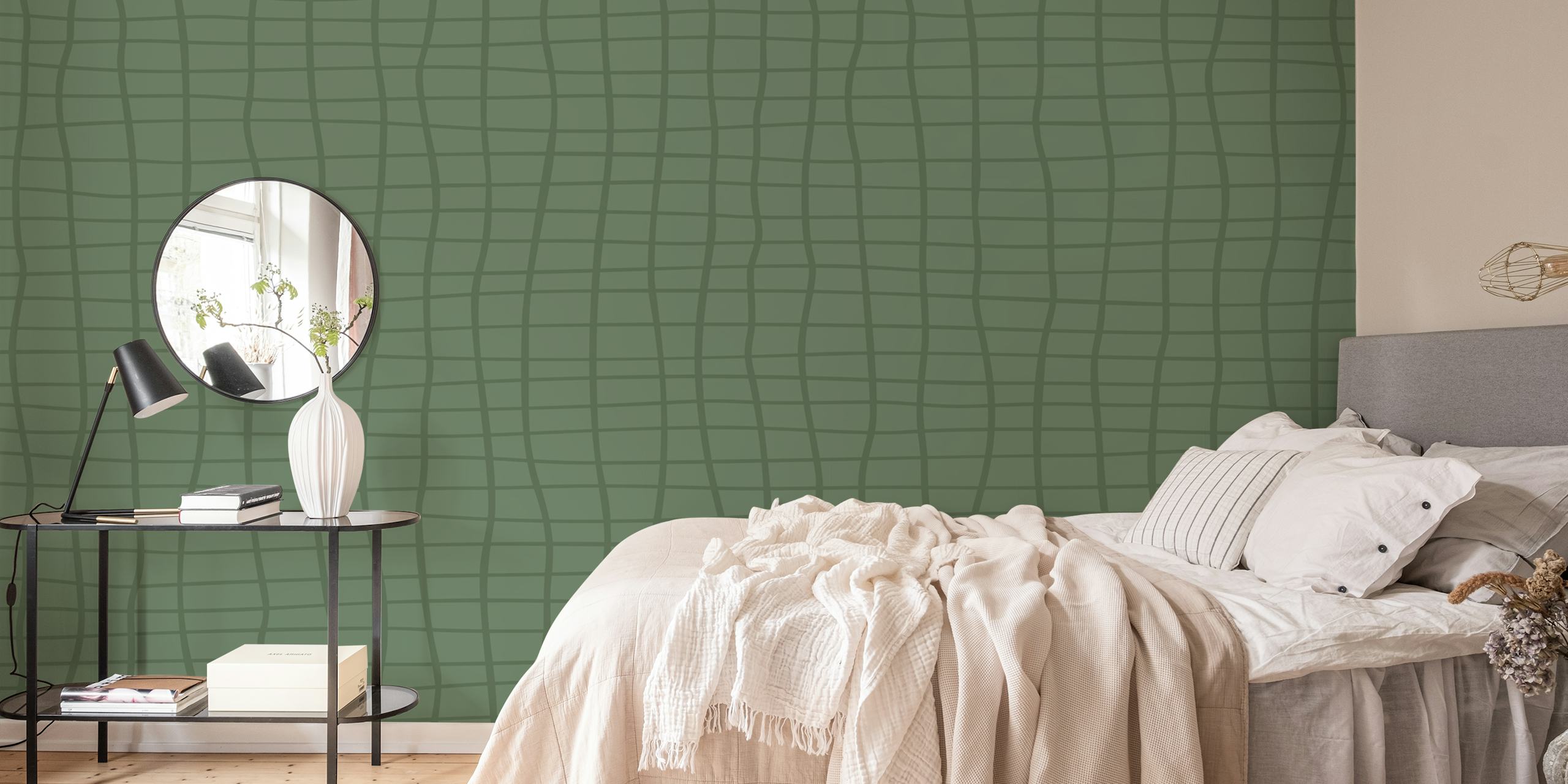 Green grid pattern wall mural for modern interior decor