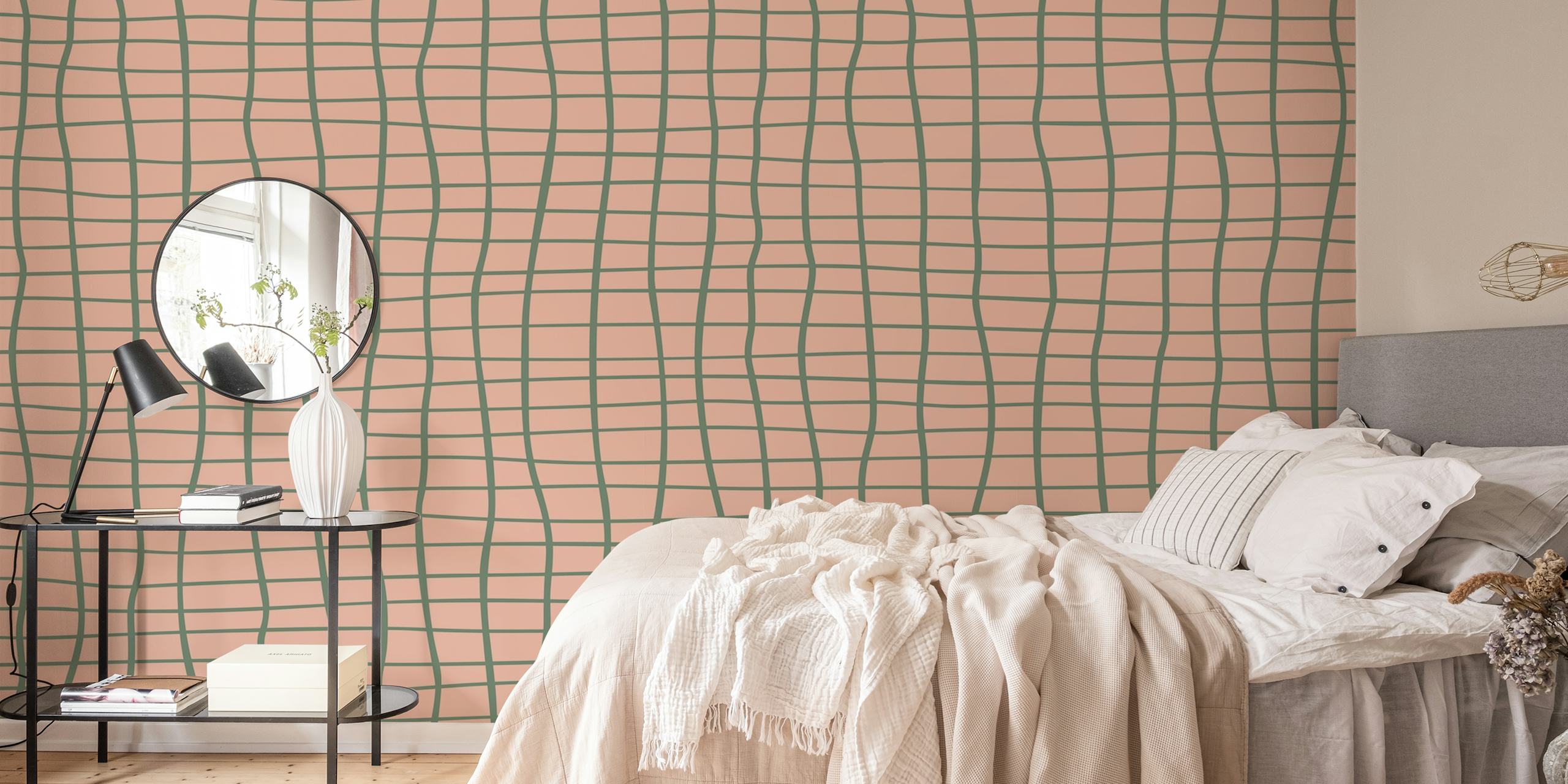 Green grid pattern on a soft pink background wallpaper