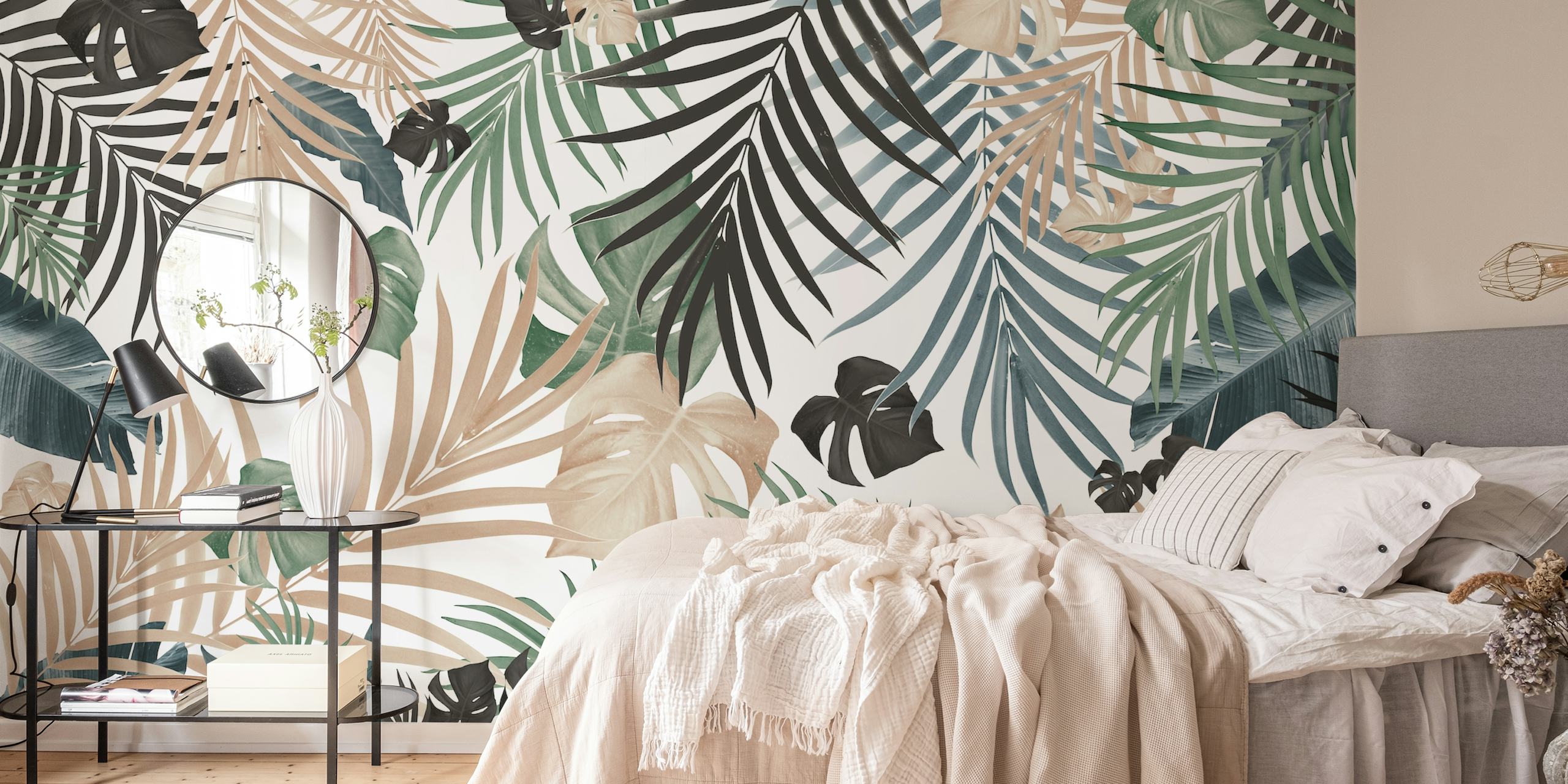 Tropical jungle leaves wall mural in landscape orientation with green botanical patterns