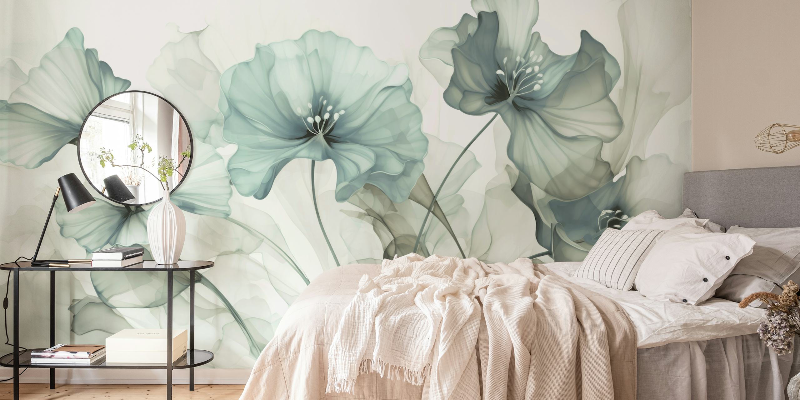 Teal grey floral wallpaper with delicate, flowing flowers