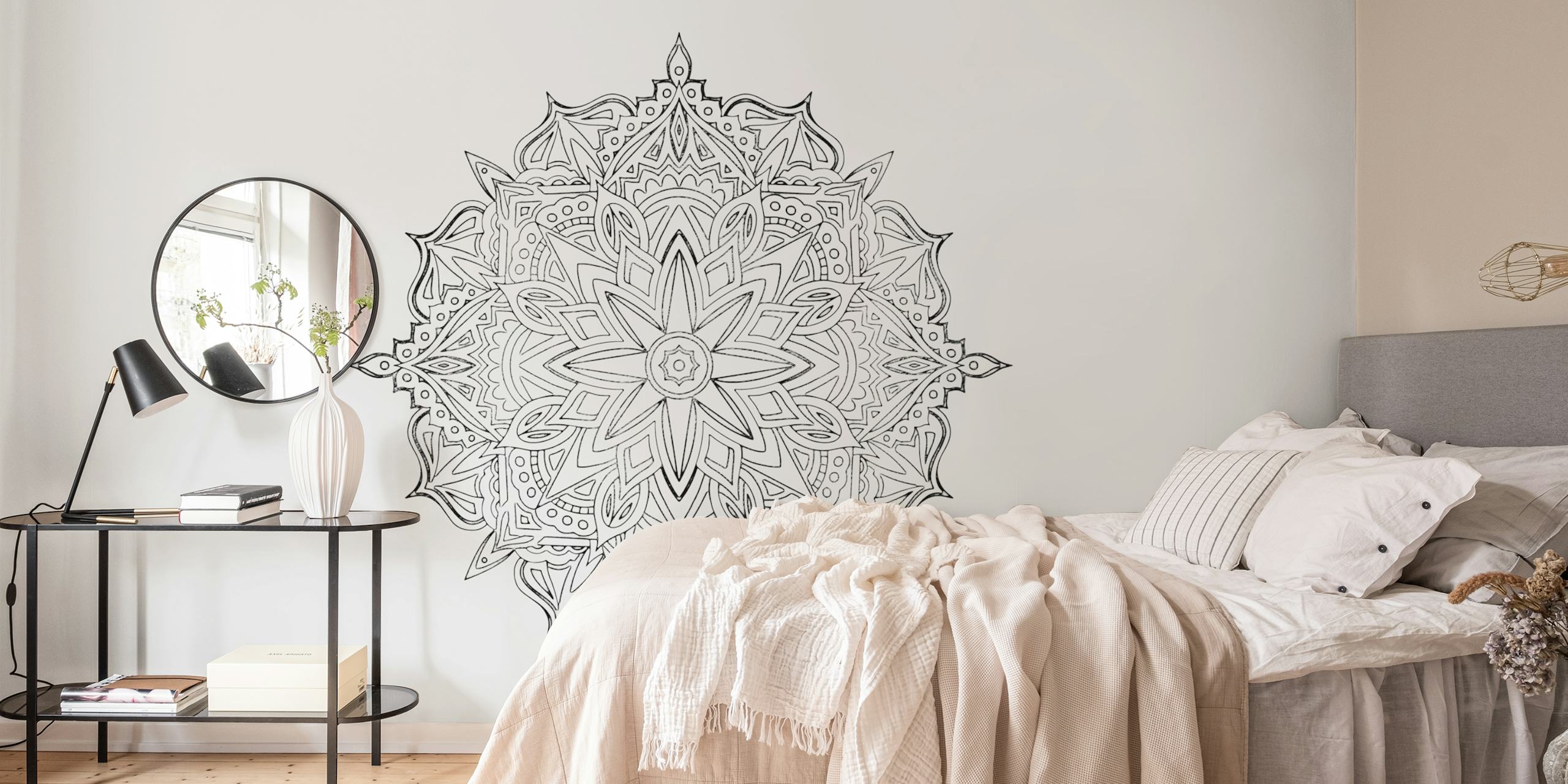 Mandala papel de parede preto e branco em um quarto