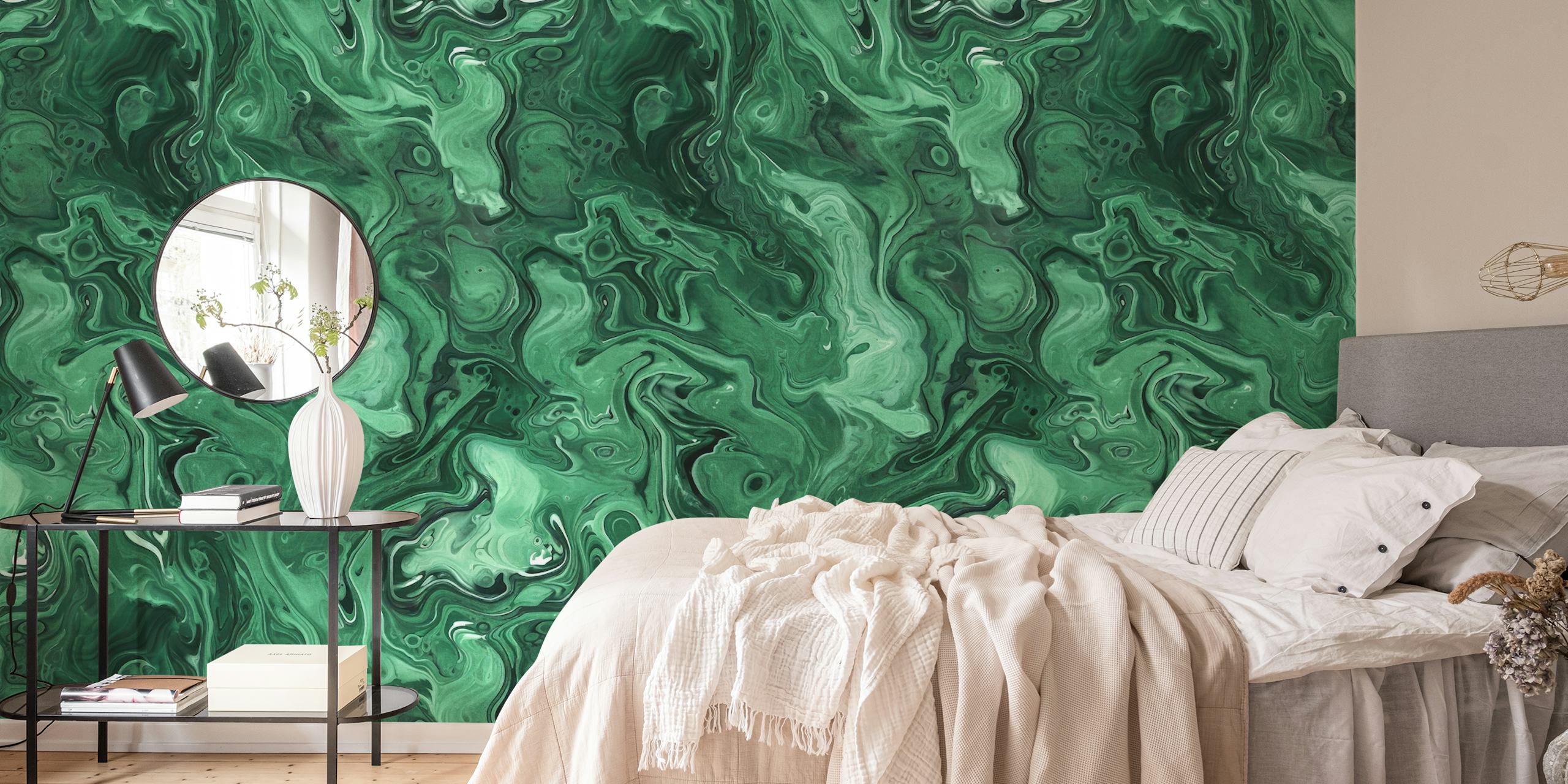 Green Malachite Gem Stone Watercolor wall mural with swirling jade and emerald patterns