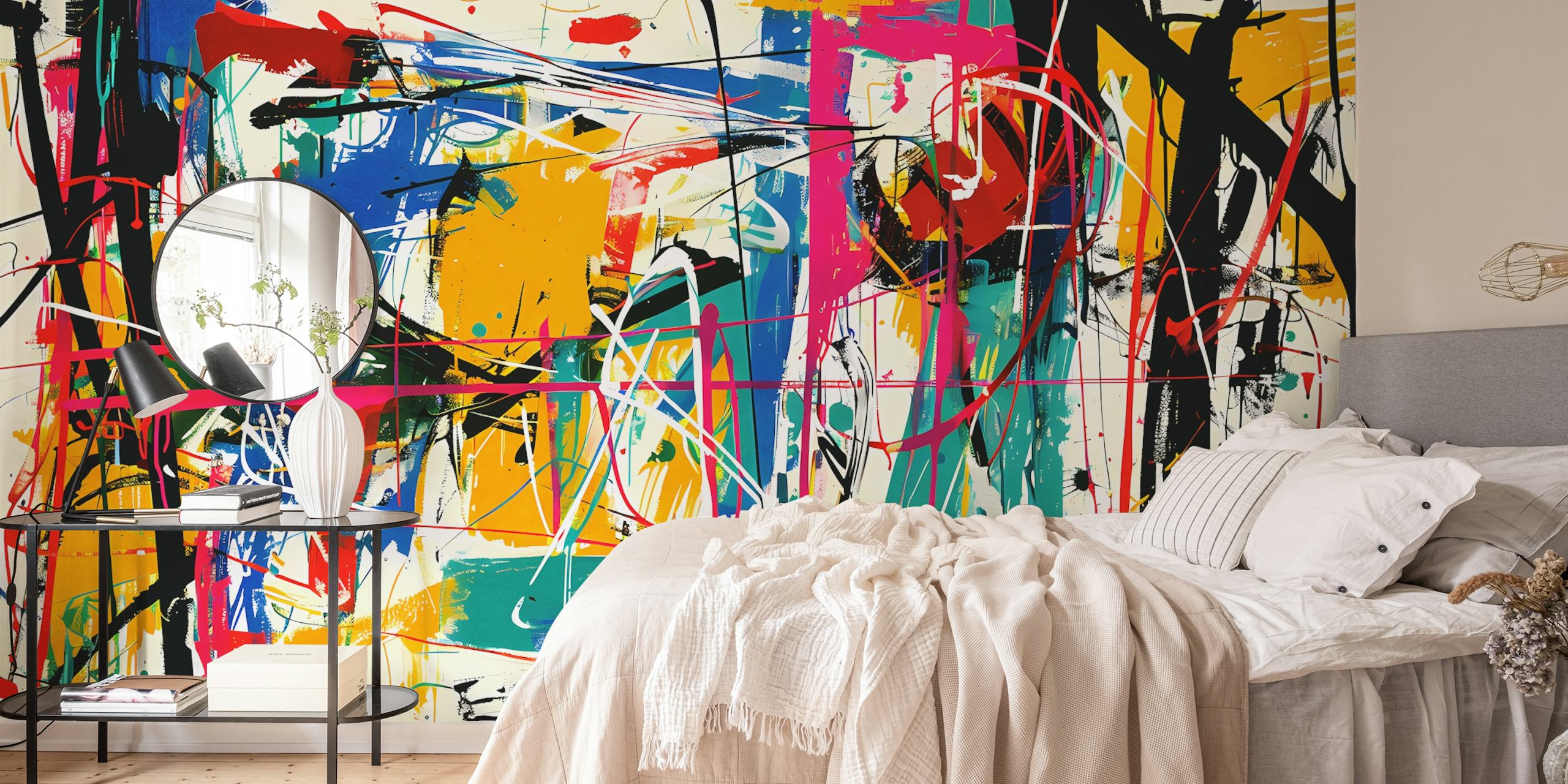 Πολύχρωμη τοιχογραφία σε στυλ street art με αφηρημένα στοιχεία γκράφιτι