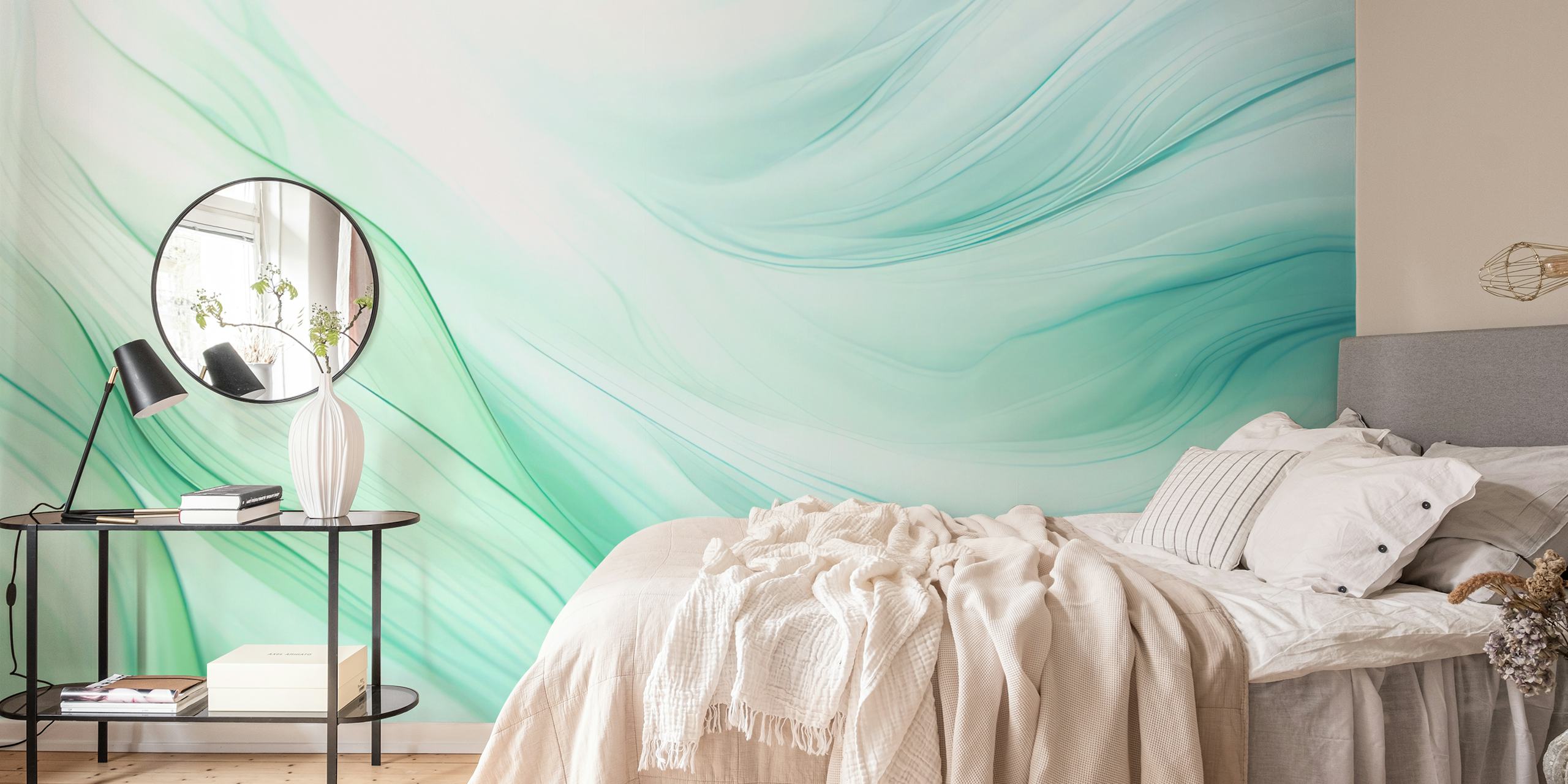 Teal blue ethereal wave wallpaper in a room