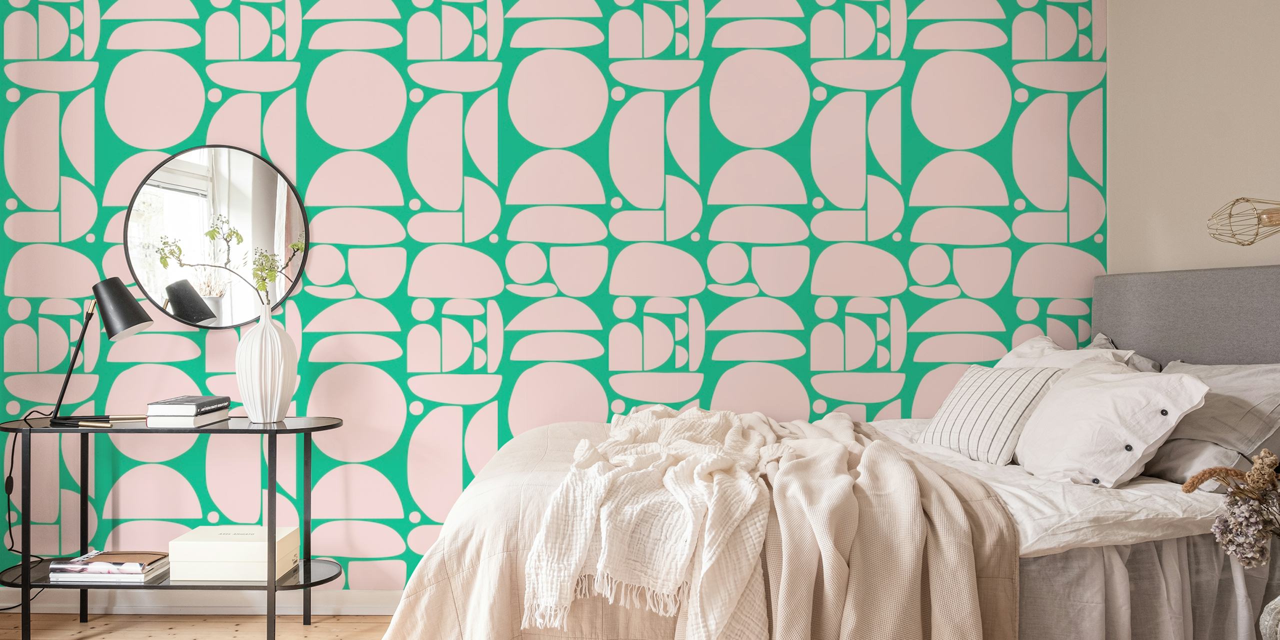 Carta da parati Pink Green Cutout Shapes in una stanza