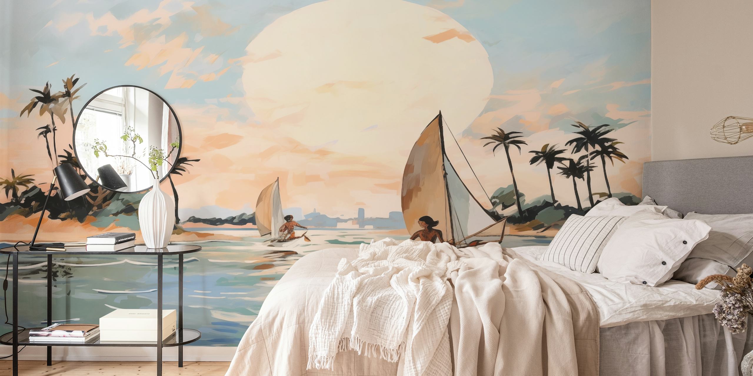 Sailboats on ocean water with palm trees at sunset wallpaper