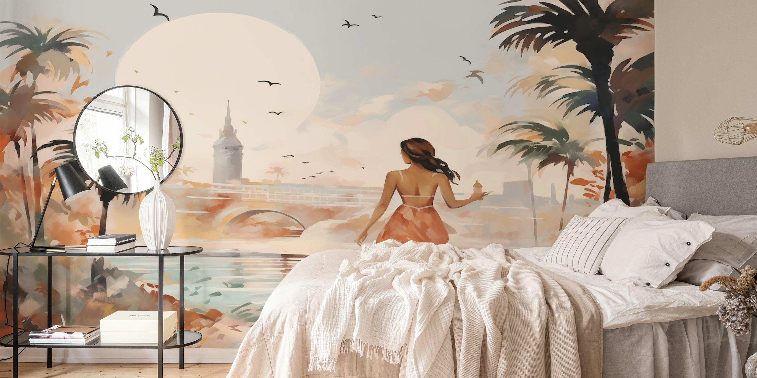 Overview of Summer City Impressionism wallpaper showing warm colors and a serene river scene