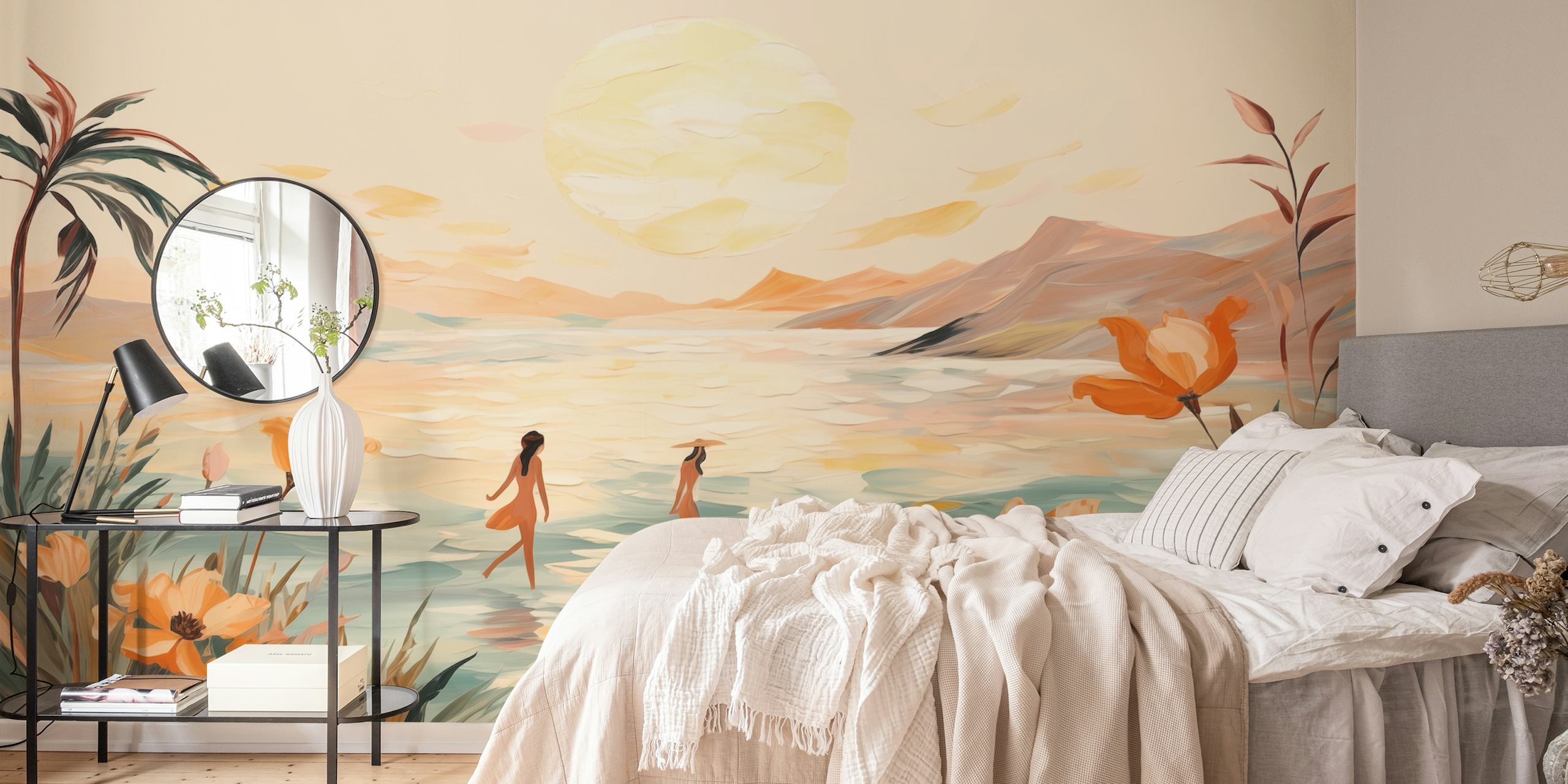 Beach girls in water with palm trees and orange flowers, pastel colors, impressionist style wallpaper