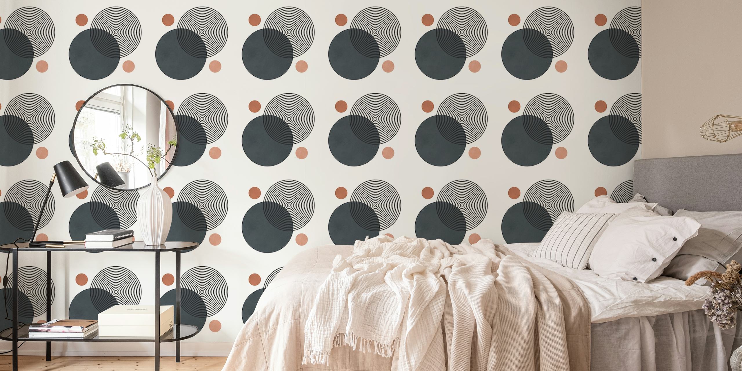 Geometric circles in black, gray, and copper tones wallpaper