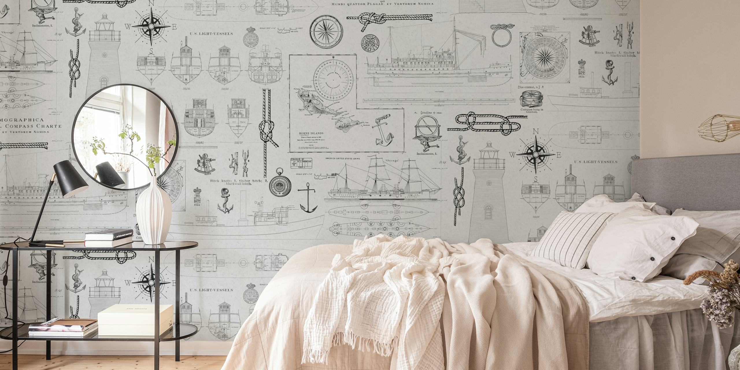 Nautical-themed graphics in grey, vintage style wallpaper