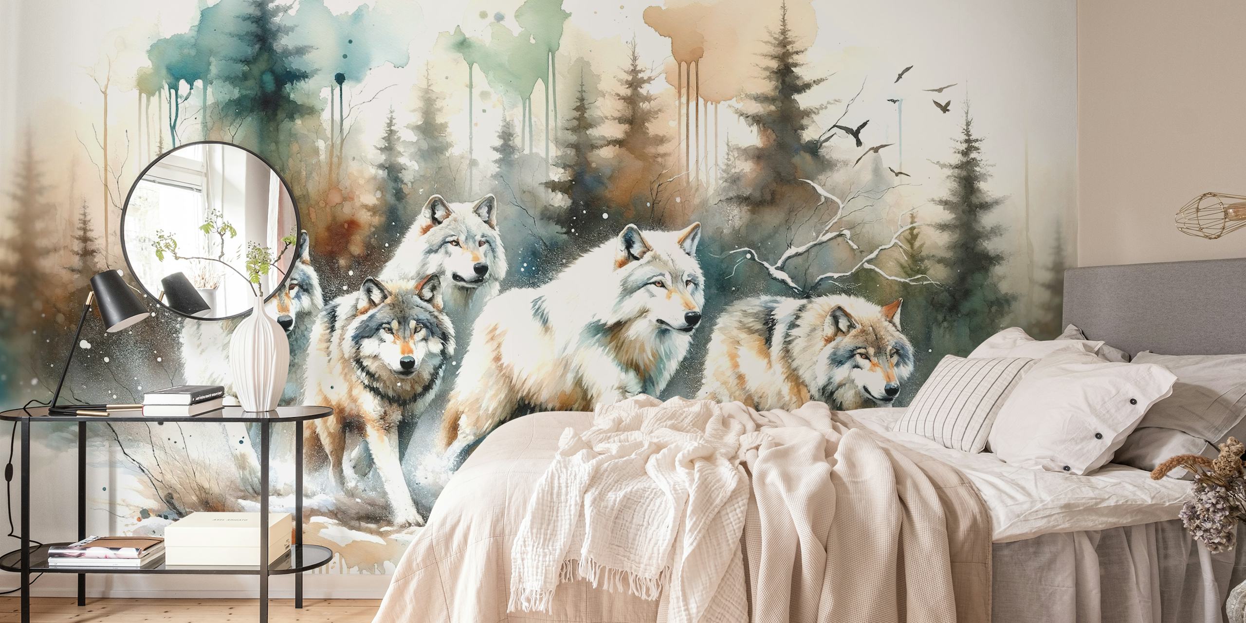 Five watercolor wolves walking through a forest; animal wallpaper