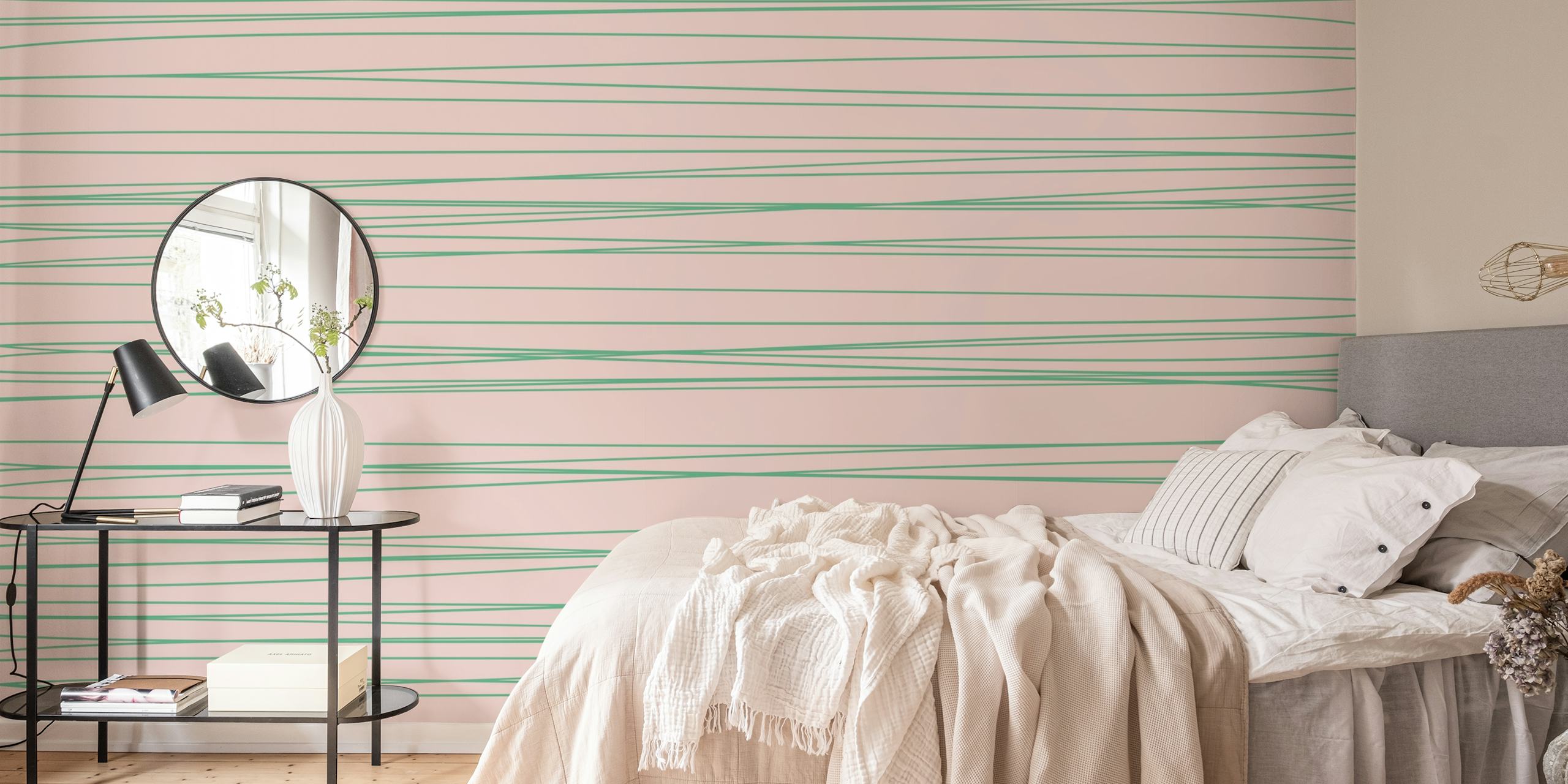 Mural de pared Arte lineal dibujado a mano con rayas verdes sobre rosas