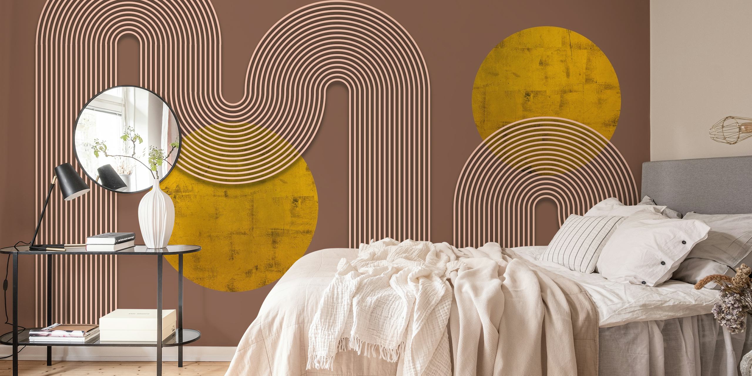 Mural de pared de líneas y arcos modernos abstractos en marrón terroso con detalles dorados