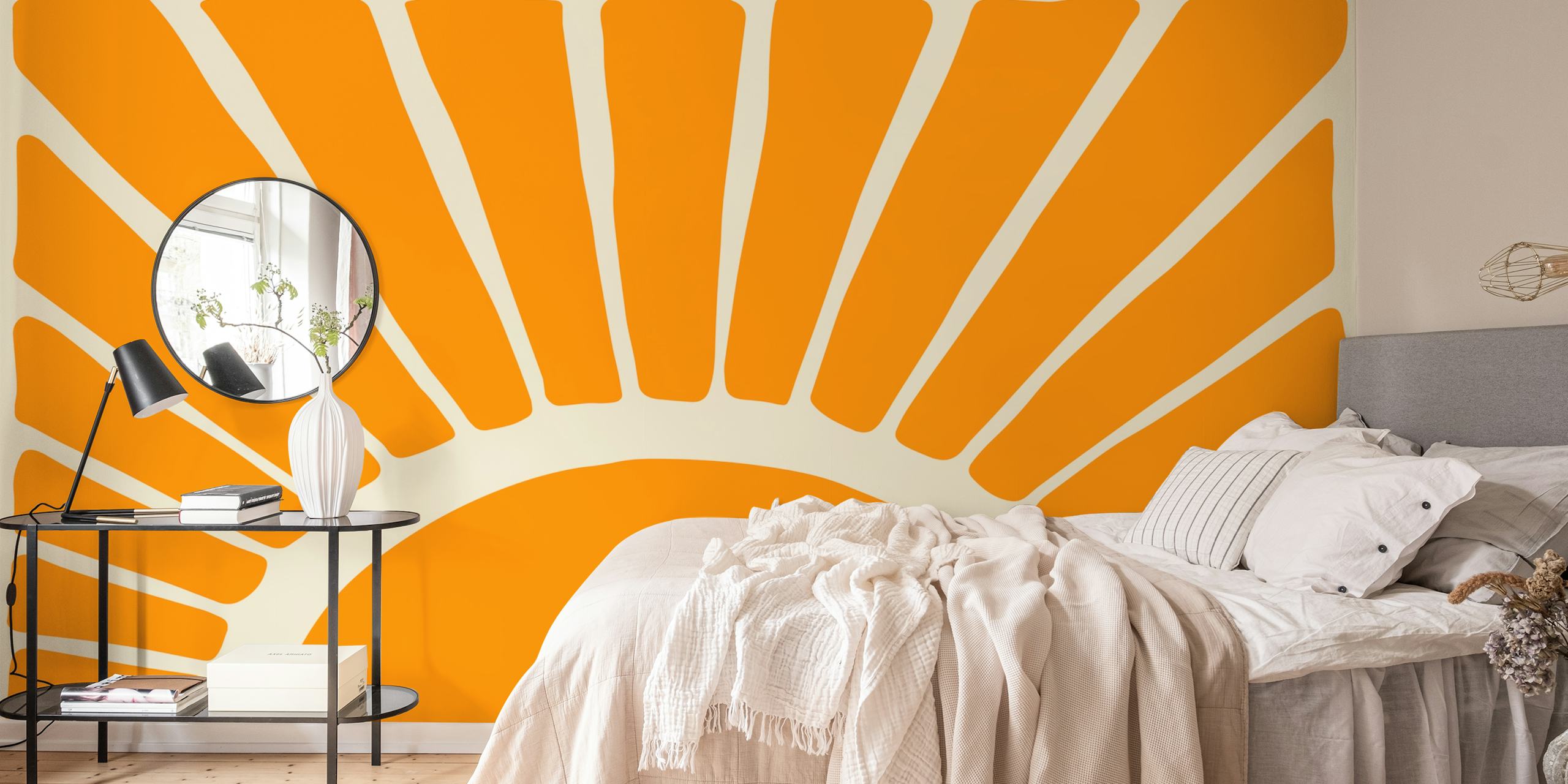 Kräftiges, orange- und cremefarbenes, modernes Wandbild mit abstrakten Ausschnitten, das Wärme und Kreativität darstellt.