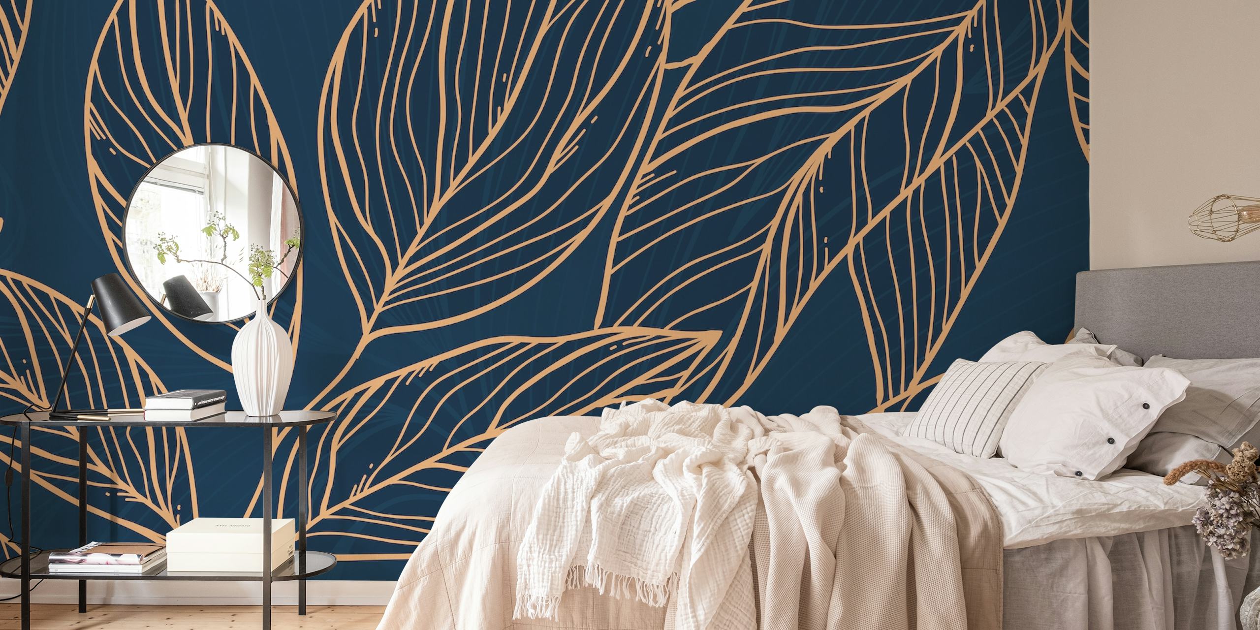 Leaf Lines Blue wall mural with golden leaf outlines on a dark blue background