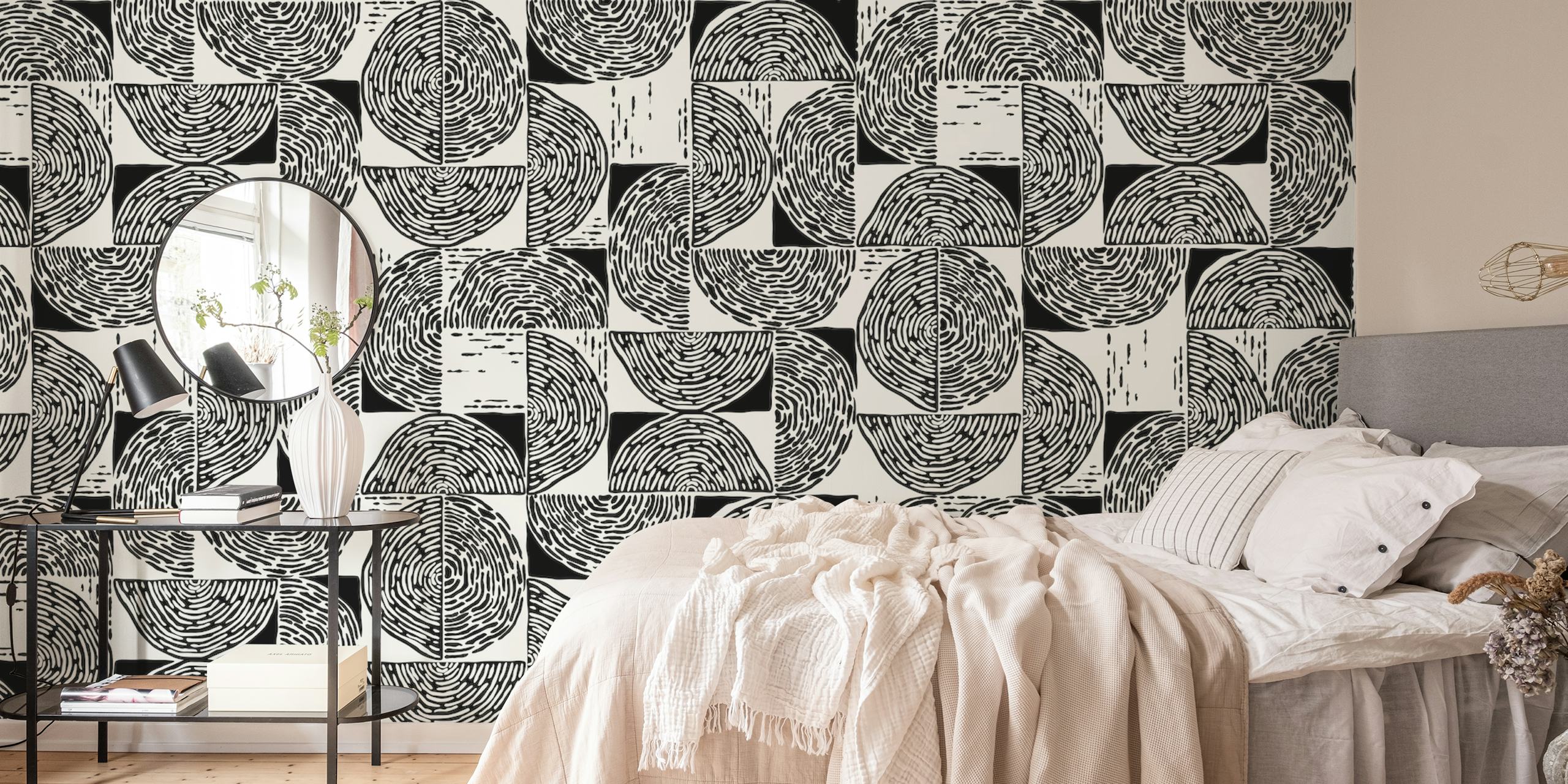 papel tapiz black and white wood block print en una habitación