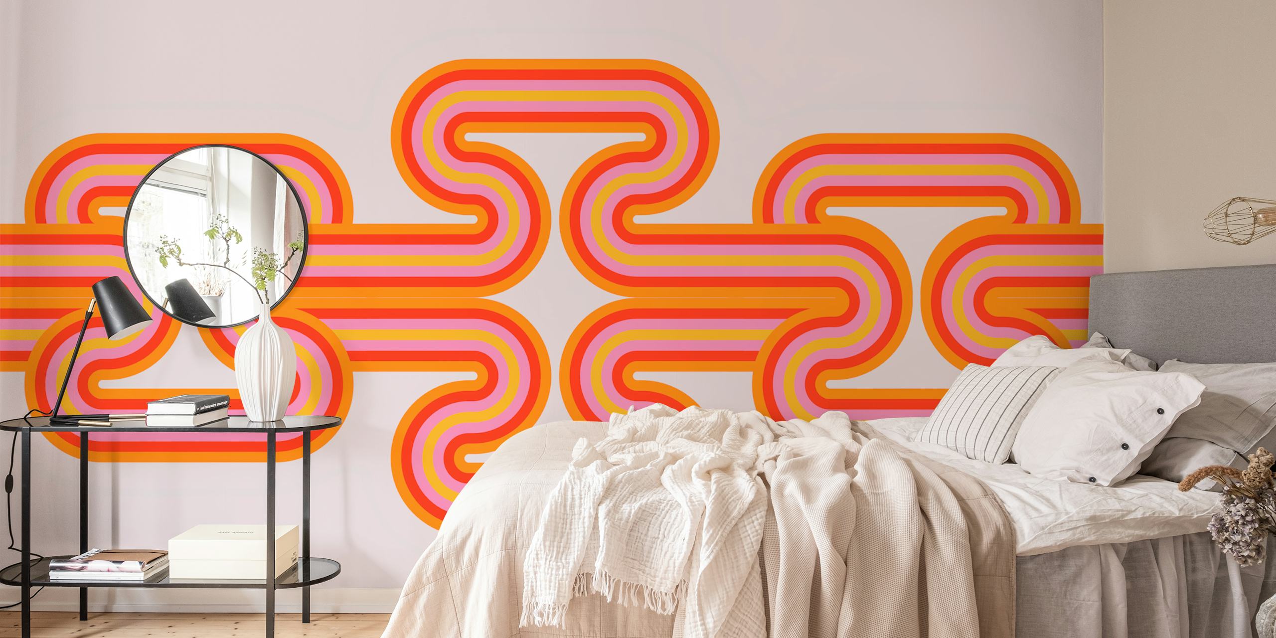 Fotomural con estampado de ondas con curvas retro de los años setenta en naranja y blanco