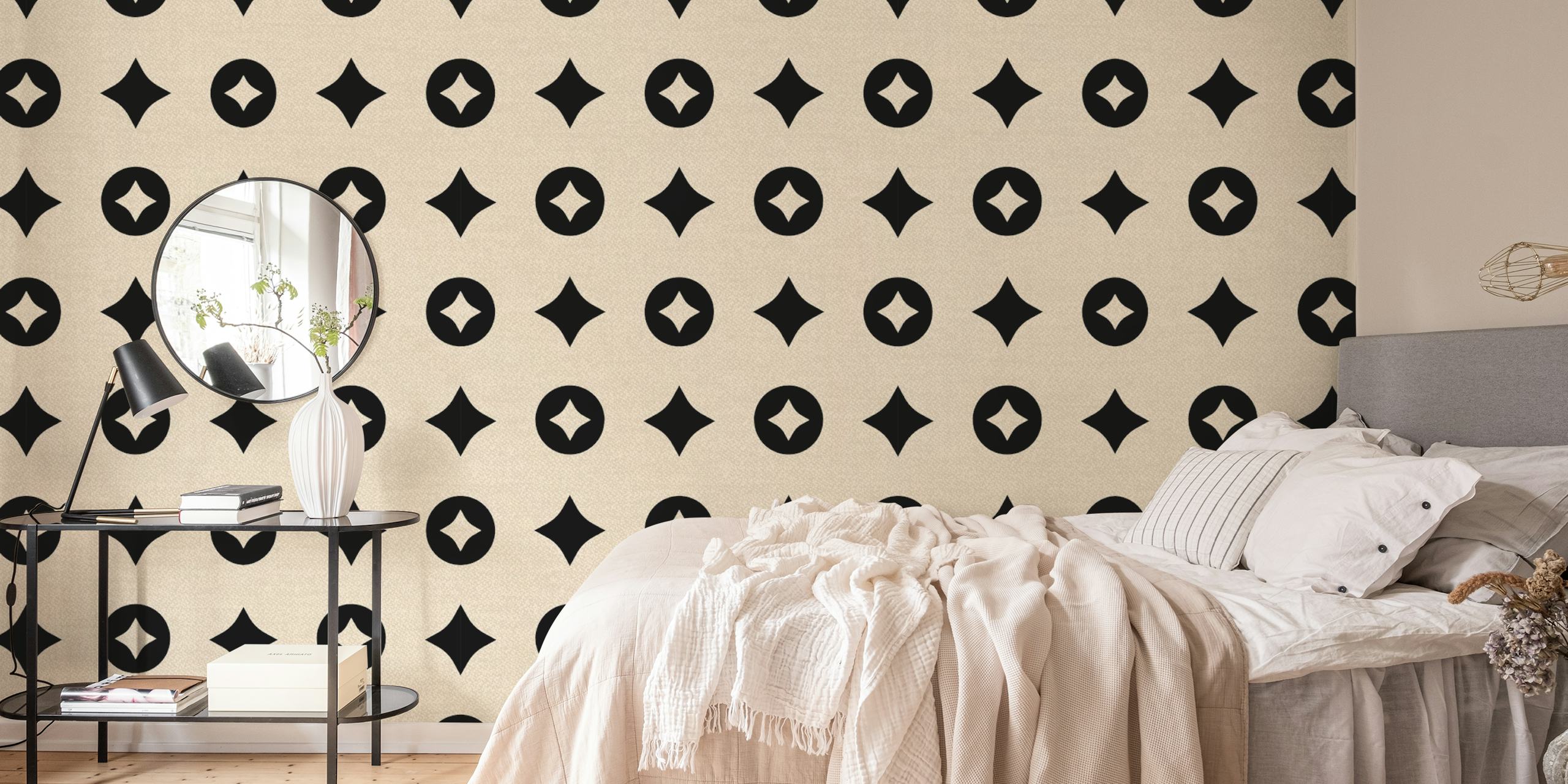 Tan black geometric starburst pattern wallpaper