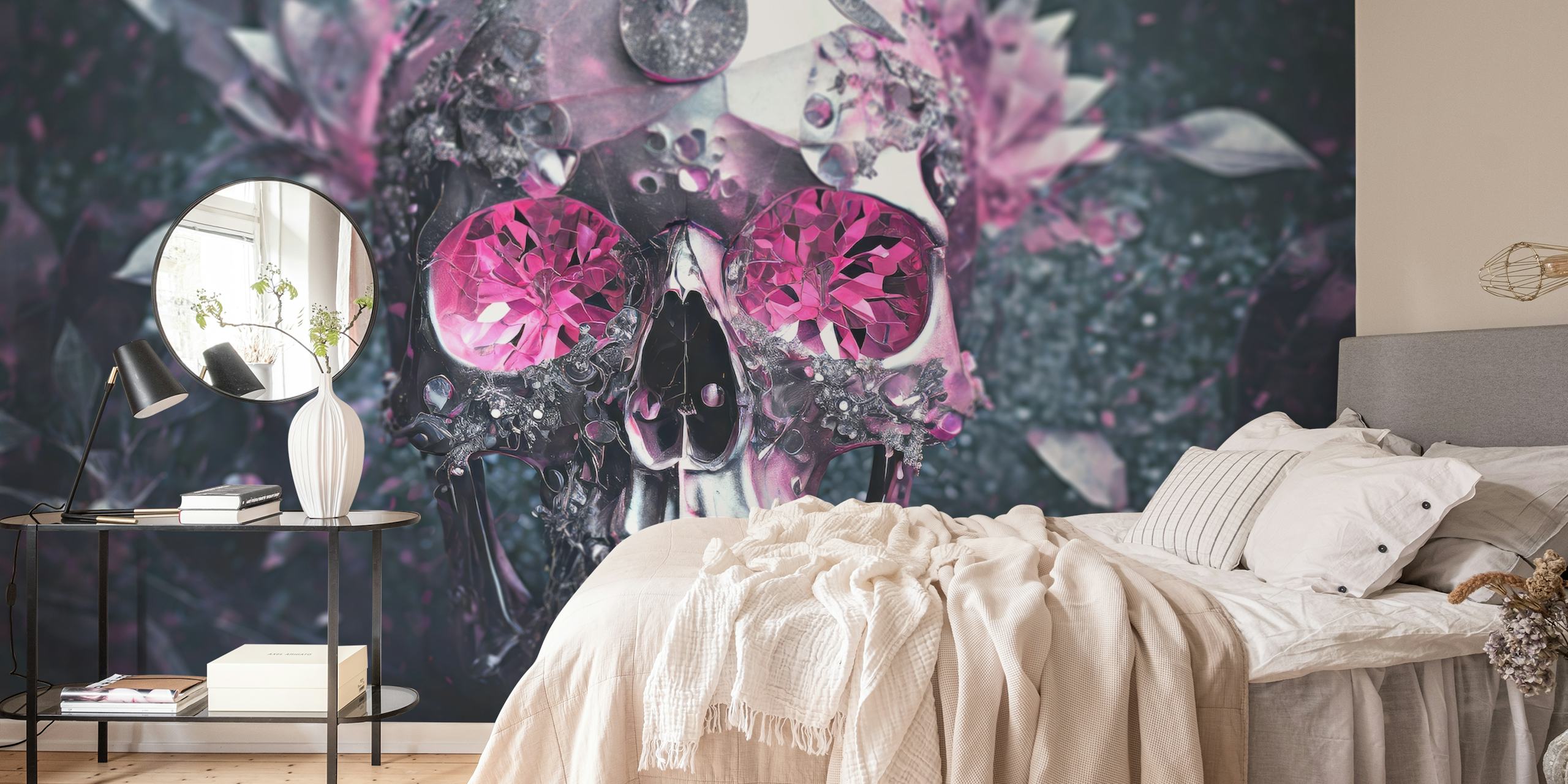 Pink skull design with gem-like eyes and floral elements in dark background wallpaper