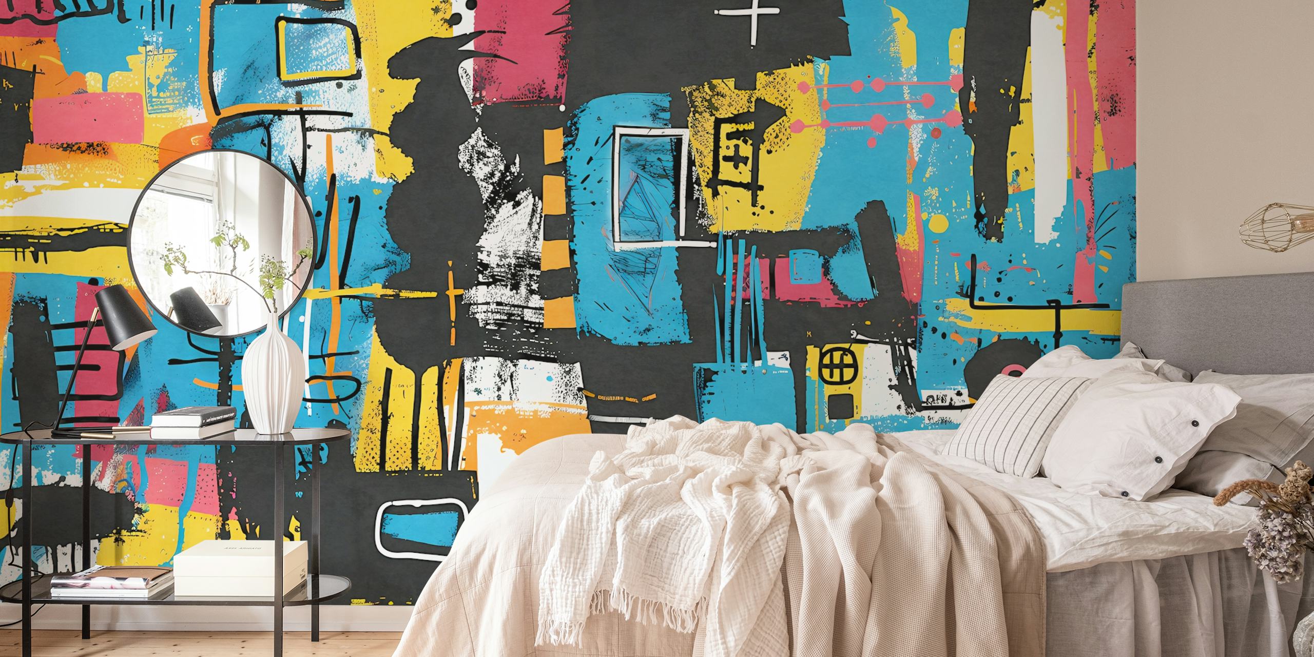 Colorful street art wallpaper in a room
