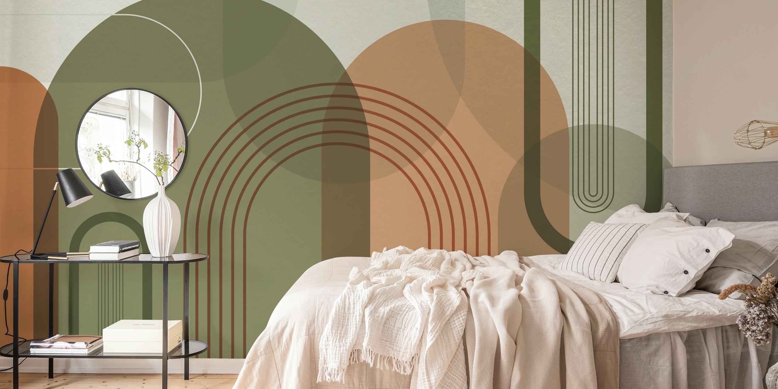 Geometric arches and shapes in olive green and orange wallpaper