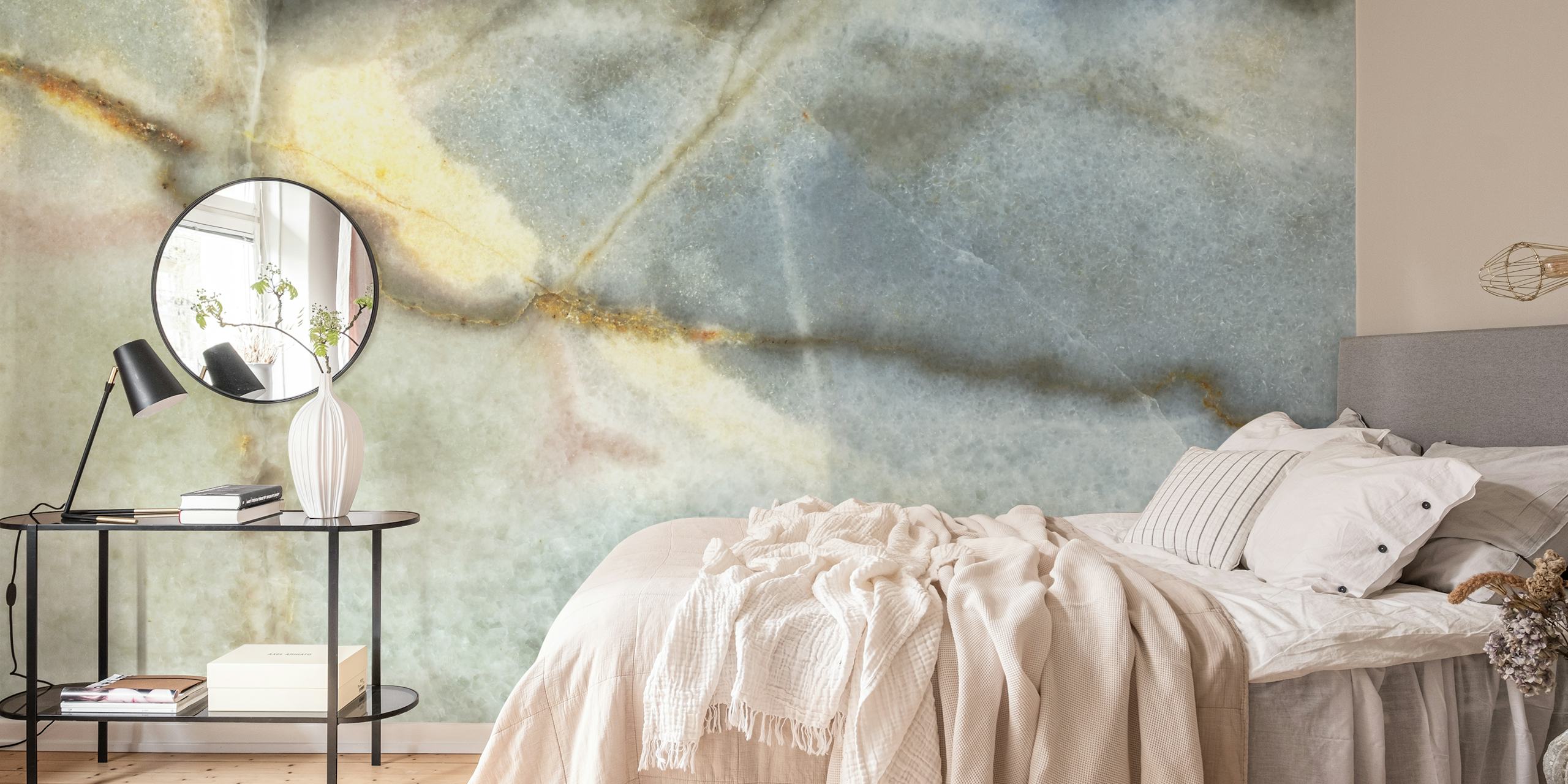 Marble texture wallpaper with gold and blue hues, abstract design