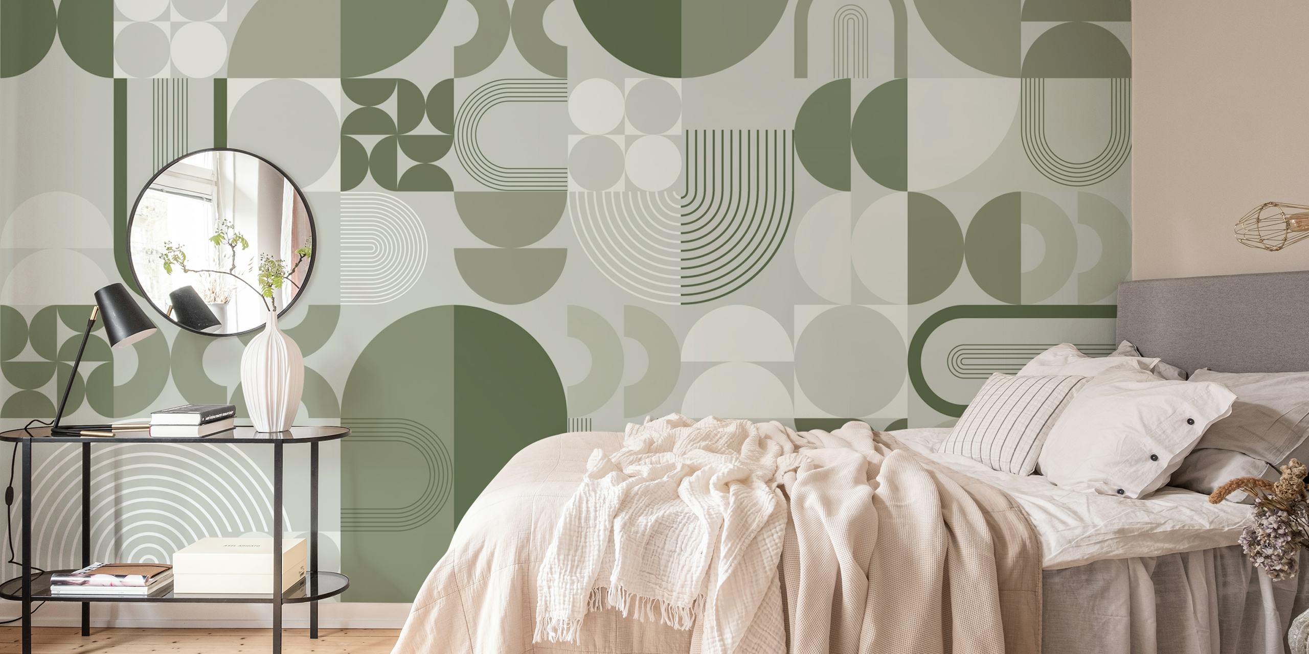 Tapeta Sage Green Symmetry v moderní místnosti