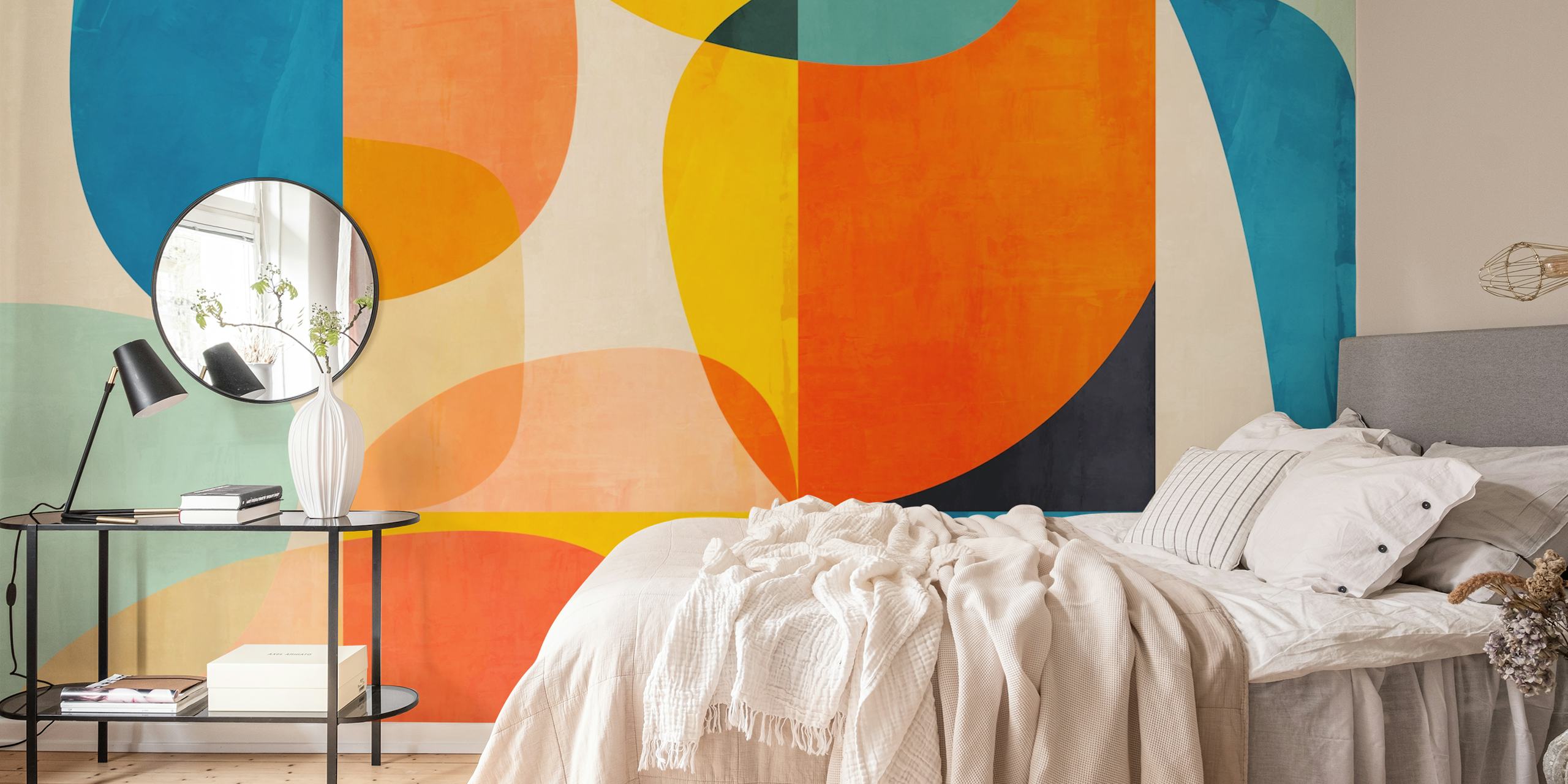 Colorful abstract geometric shapes in orange, teal, and soft pastels wallpaper