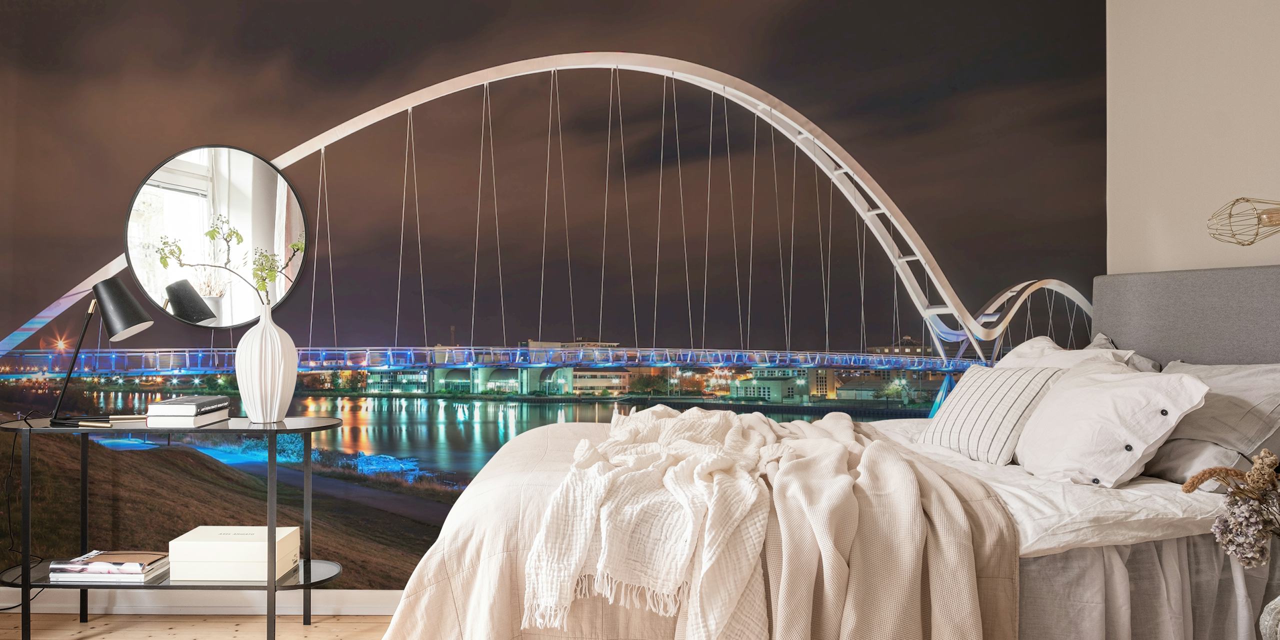 Modern white bridge at night with blue lights reflection wallpaper