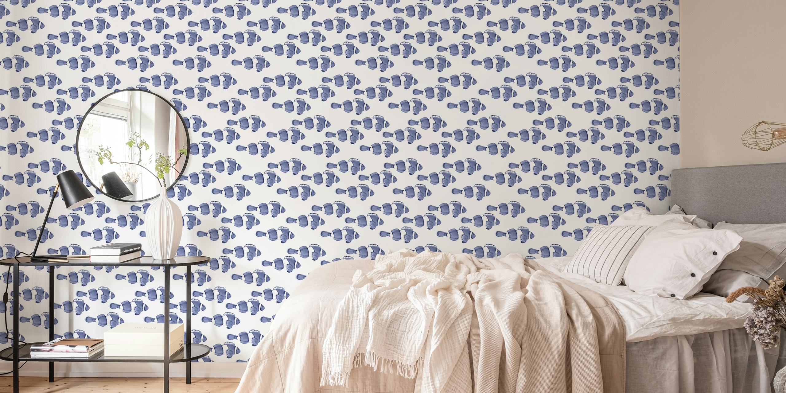Shimmering Fish Blue wallpaper in a stylish room