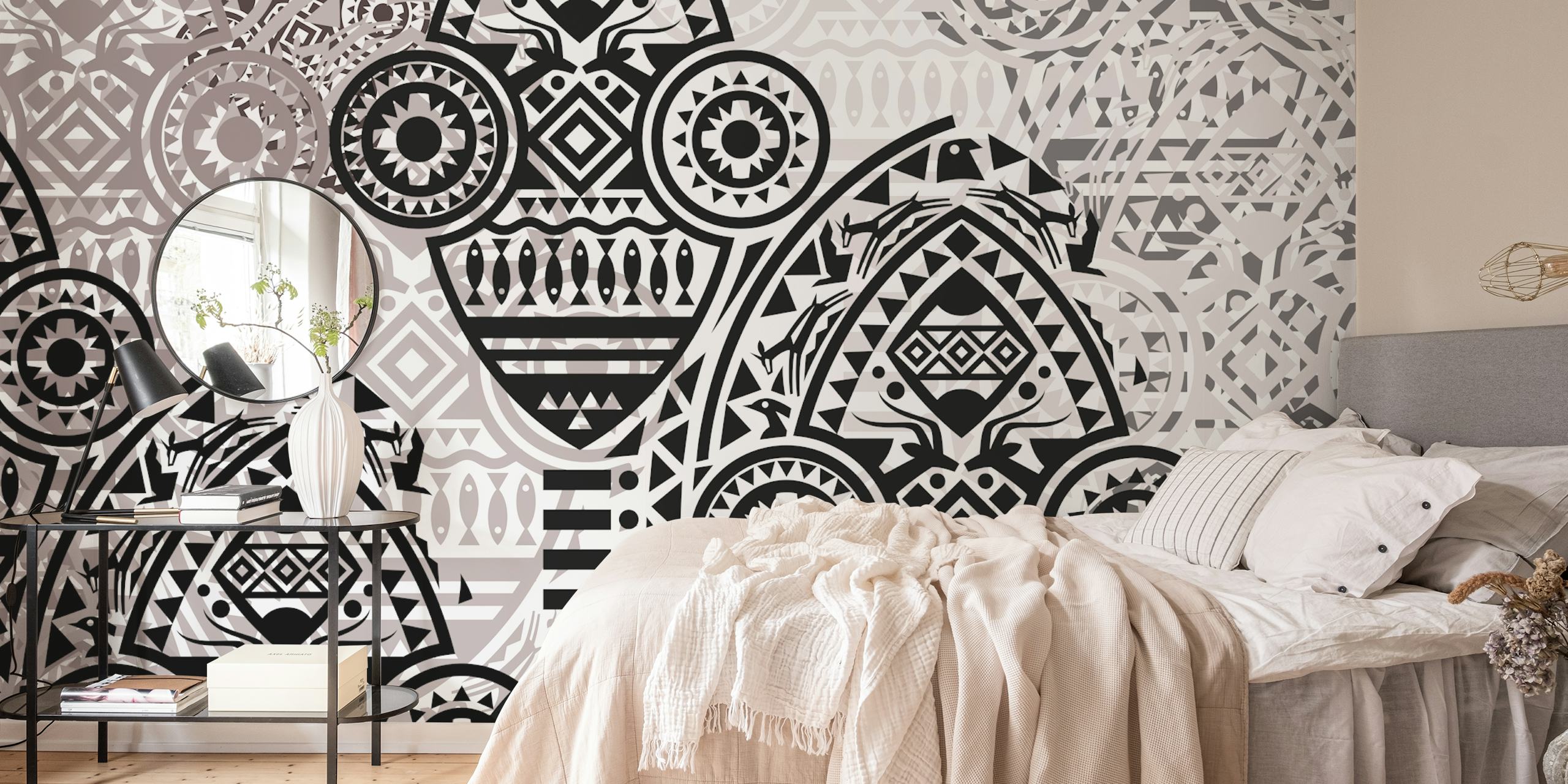 Black and white geometric patterned wallpaper with intricate designs